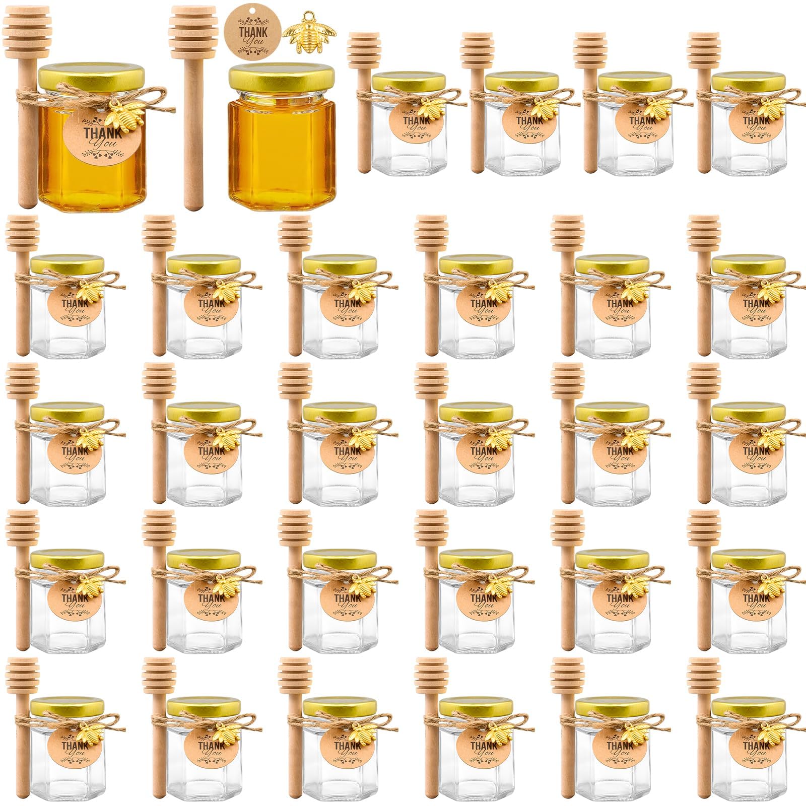 50 Stück Kleine Honiggläser 45ml, Mini Leer Marmeladengläser mit Deckel Honigglas mit Honiglöffel, Bienen Anhänger, Dankeskarten, Jutes Ideal as Gastgeschenke für Hochzeit Babyshower