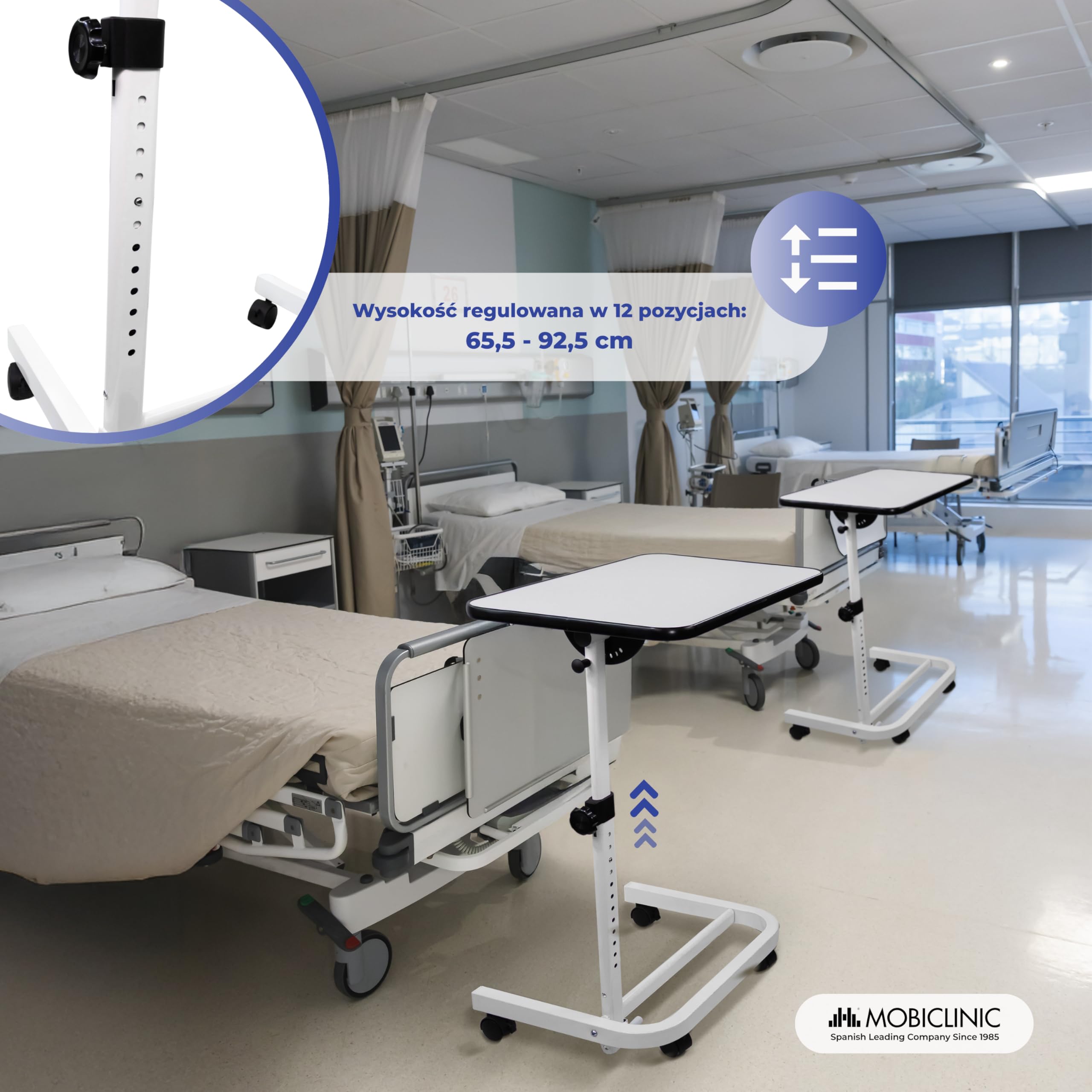 Mobiclinic®, Stolik Boczny, Składany, Regulowana Wysokość, Odchylany, do Komputera, Sofy, Łóżka, Obręcz Antypoślizgowa, Kółka 360º z Hamulcami, w Kształcie Litery C, Cumbre