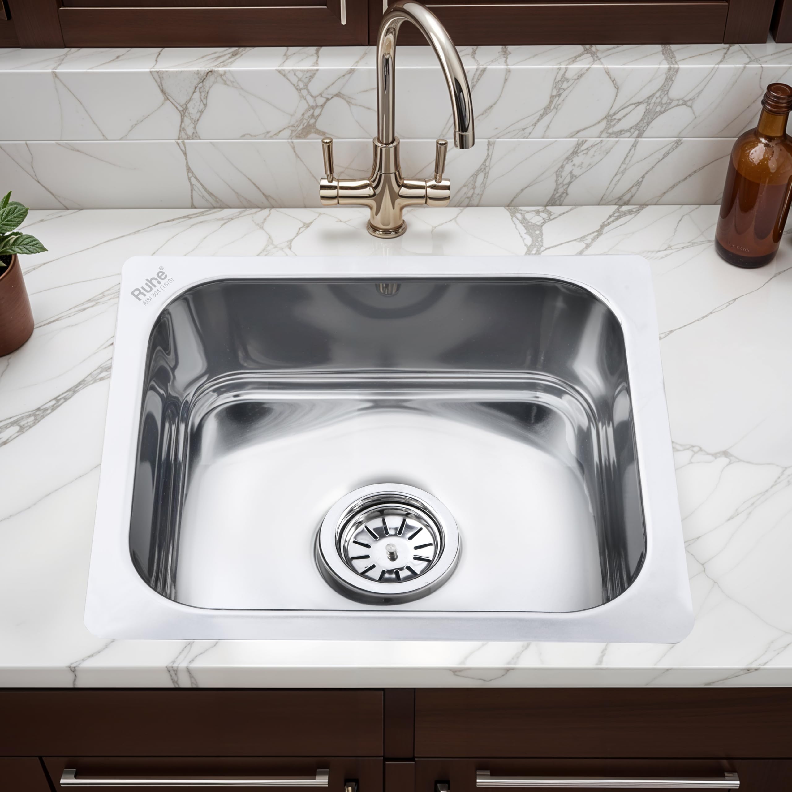 Ruhe® Hydraulic Square Single Bowl Kitchen Sink - 16x14x6 inches | 304-Grade Stainless Steel Sink with Glossy Finish | Kitchen Sink Including Coupling and Waste Pipe-image-43