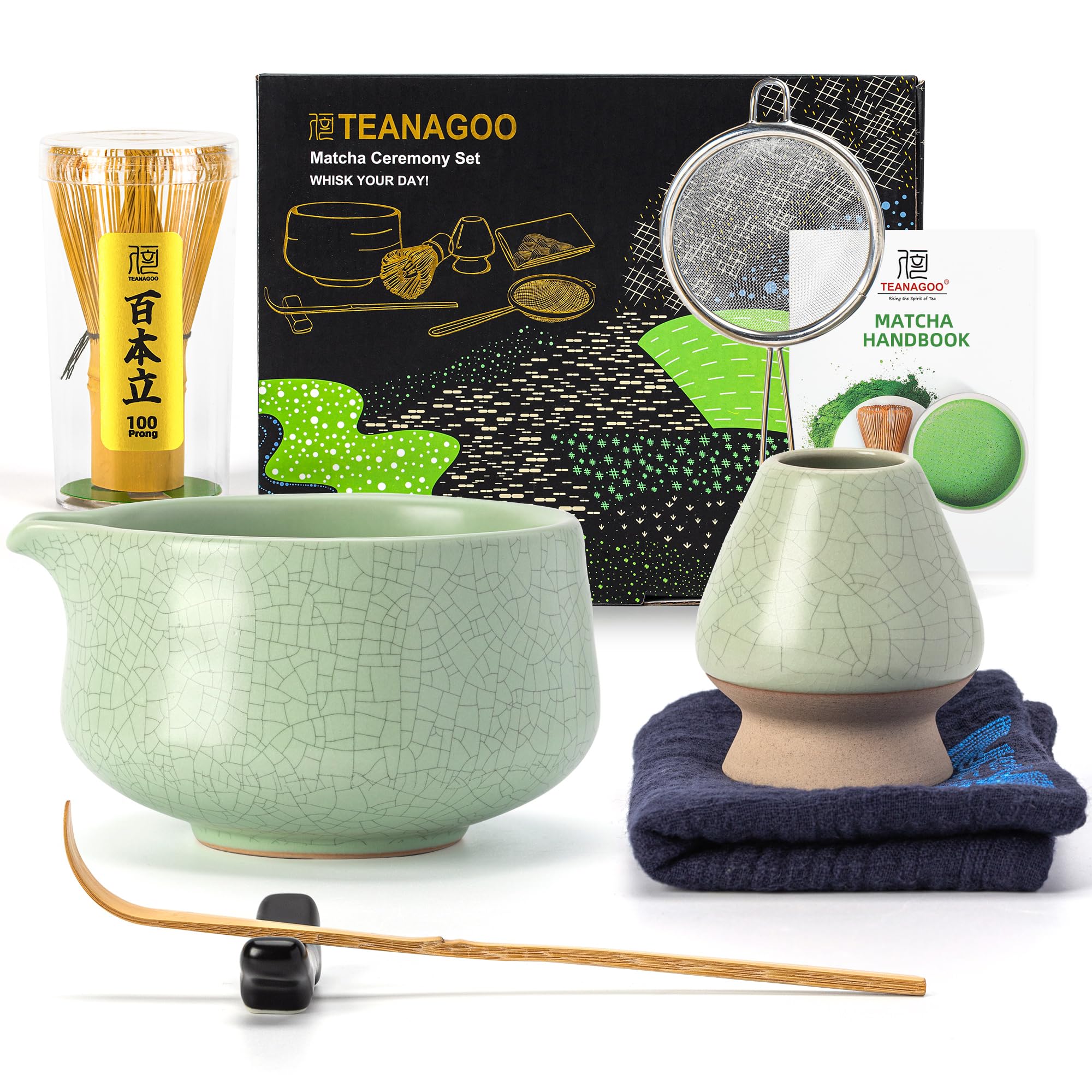 TEANAGOO Matcha Set| Matcha Besen|Matcha Tea Set | Matcha Schale| Matcha Whisk,Schaufel, Sieb, Matcha-Besenhalter, Matcha-Besenständer-7 Stück MatchaTee Sets, Ausguss Lt.grün mit