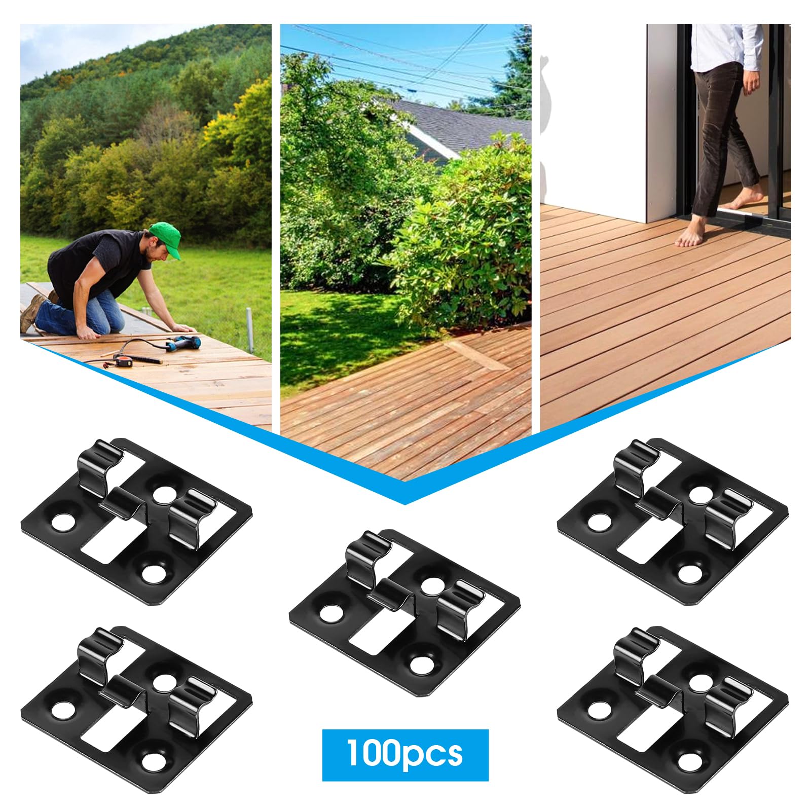 100 unidades Clips para tarimas WPC en acero inoxidable, Clips ocultos, Separadores para fijación de tarimas (Negro, Espacio 3mm, Altura 7mm)
