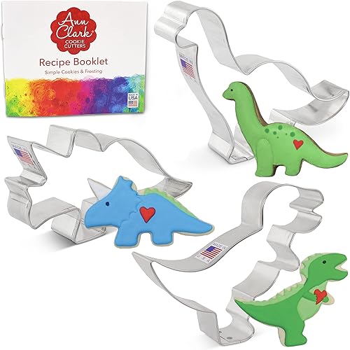 Ann Clark Cookie Cutters Juego de 3 cortadores de galletas de dinosaurio fabricados en EE. UU., T-Rex, Brontosaurio, Triceratops