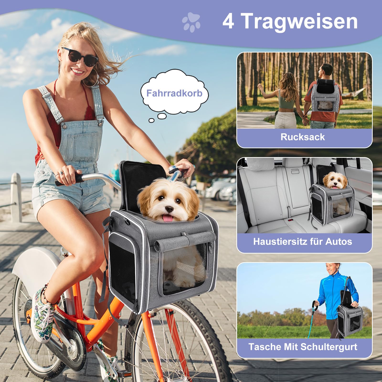 Cesta para perros delantera para bicicleta, 4 en 1, cesta para perros expandible, cesta de bicicleta para perros con 4 ventanas de malla, 4 puertas abiertas, bolsa de viaje para gatos pequeños y