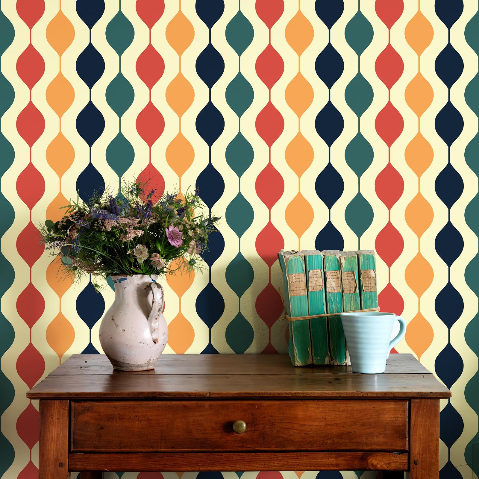 JiffDiff 70s Rainbow Wallpaper Removable Wallpaper Retro Wallpaper Cool Funky Wall Stickers Colorful Peel and Stick Modern Decor Vintage Pattern