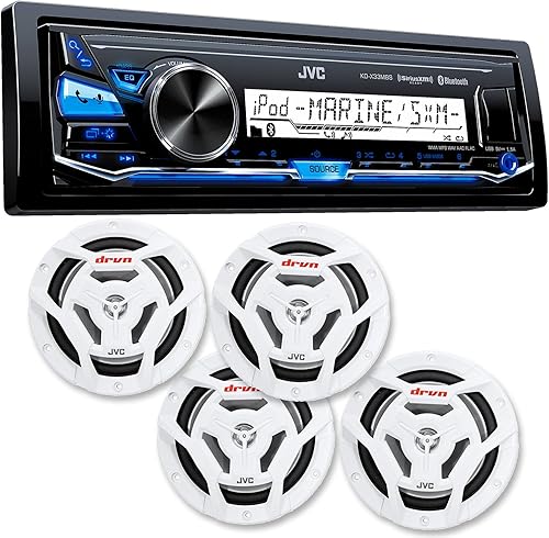 JVC KD-X33MBS Radio marina Bluetooth sin mecanismo y dos pares de altavoces coaxiales marinos blancos JVC CS-DR6201MW de 6.5 pulgadas