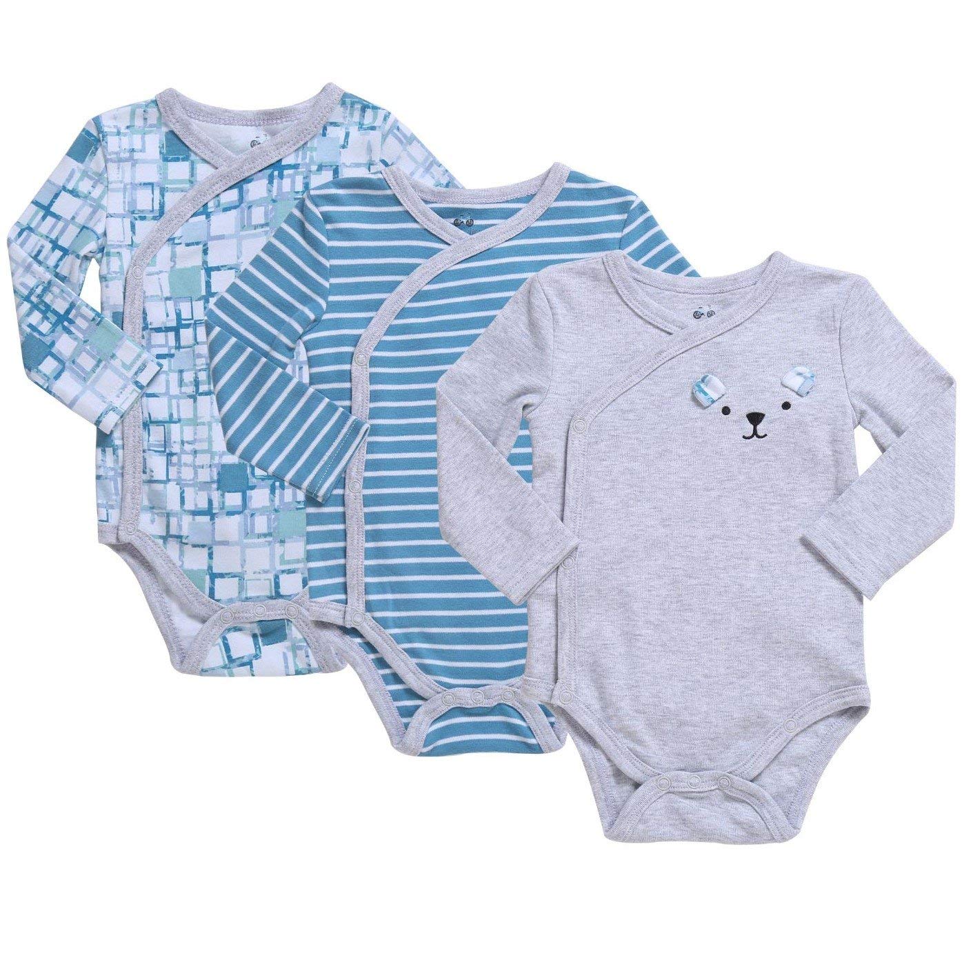 Baby Boy 3-Pack Long-Sleeve Kimono Bodysuit Set, Teal Stripes and Gray Heather Outfit for Newborn