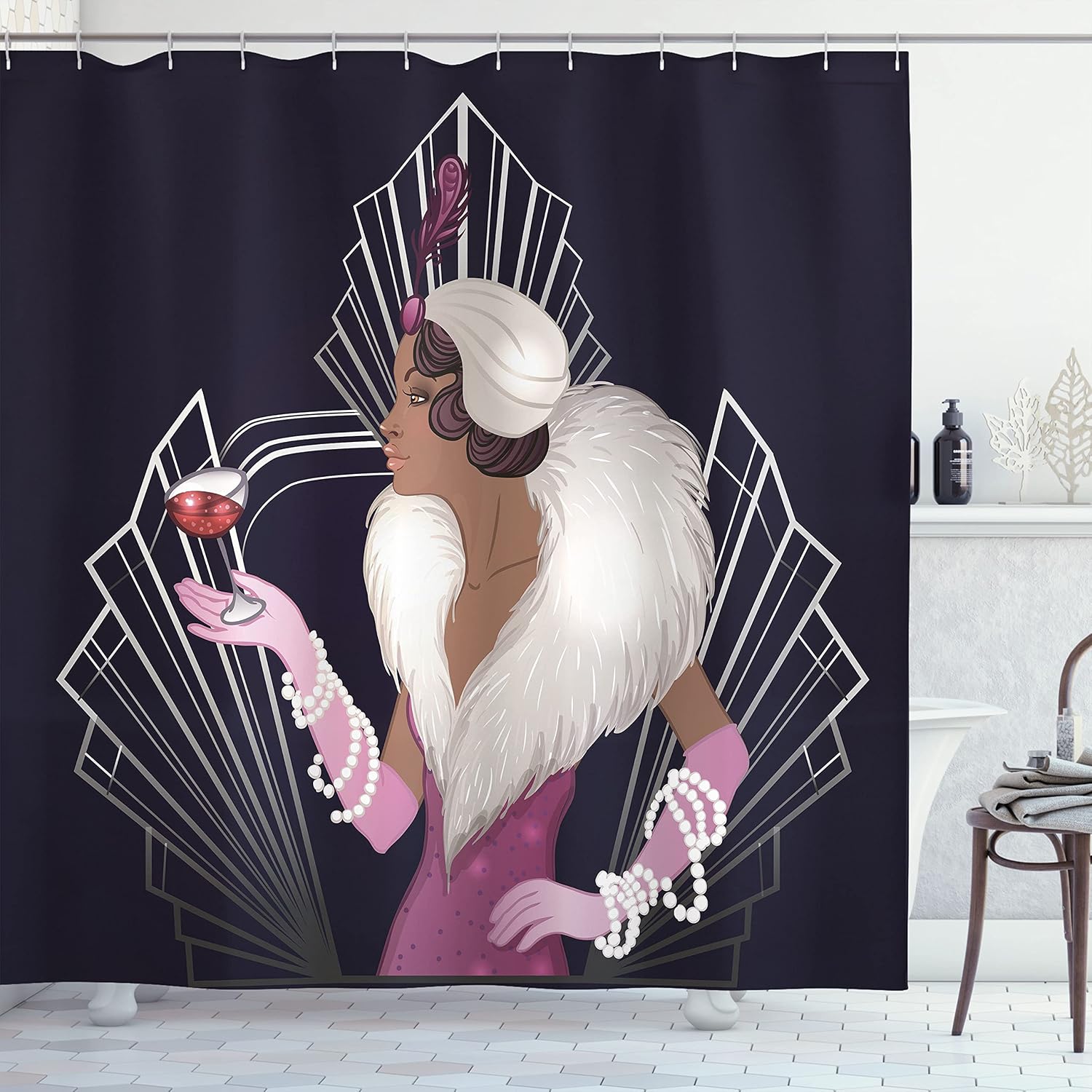 Ambesonne Old Hollywood Shower Curtain, 1920s Style Lady with Fur Collar and Bracelets Holding a Wine Glass Print, Cloth Fabric Bathroom Decor Set with Hooks, 69" W x 75" L, Indigo Purple