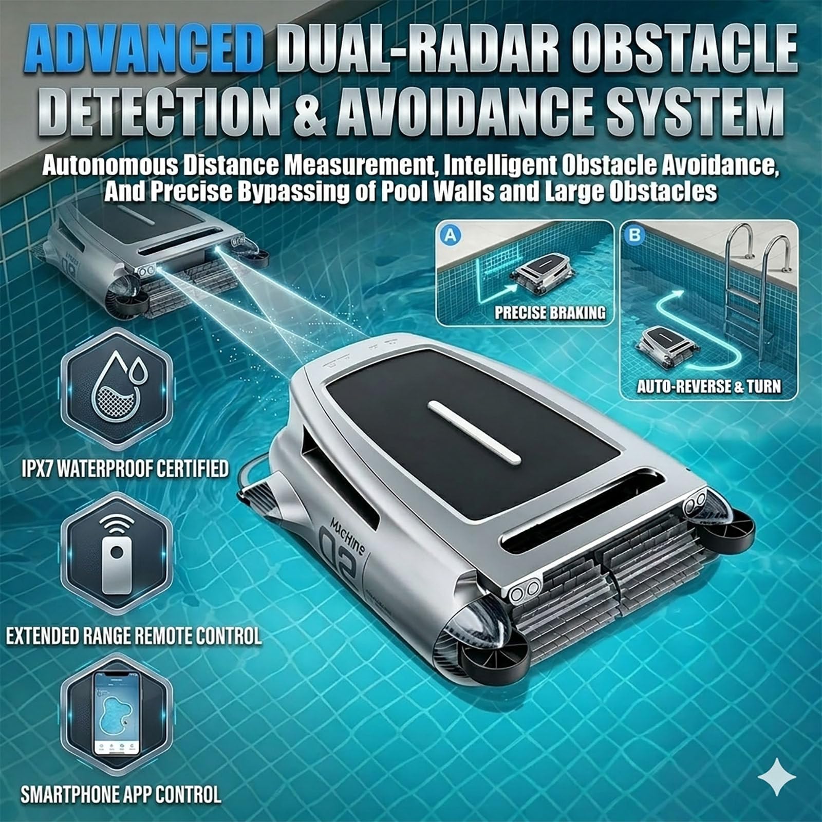 Robot Skimmer per Piscine ad energia Solare con Controllo Tramite App, pulitore Automatico per Piscine 24 Ore su 24, 7 Giorni su 7 con sistemas Intelligente di evitamento Ostacoli