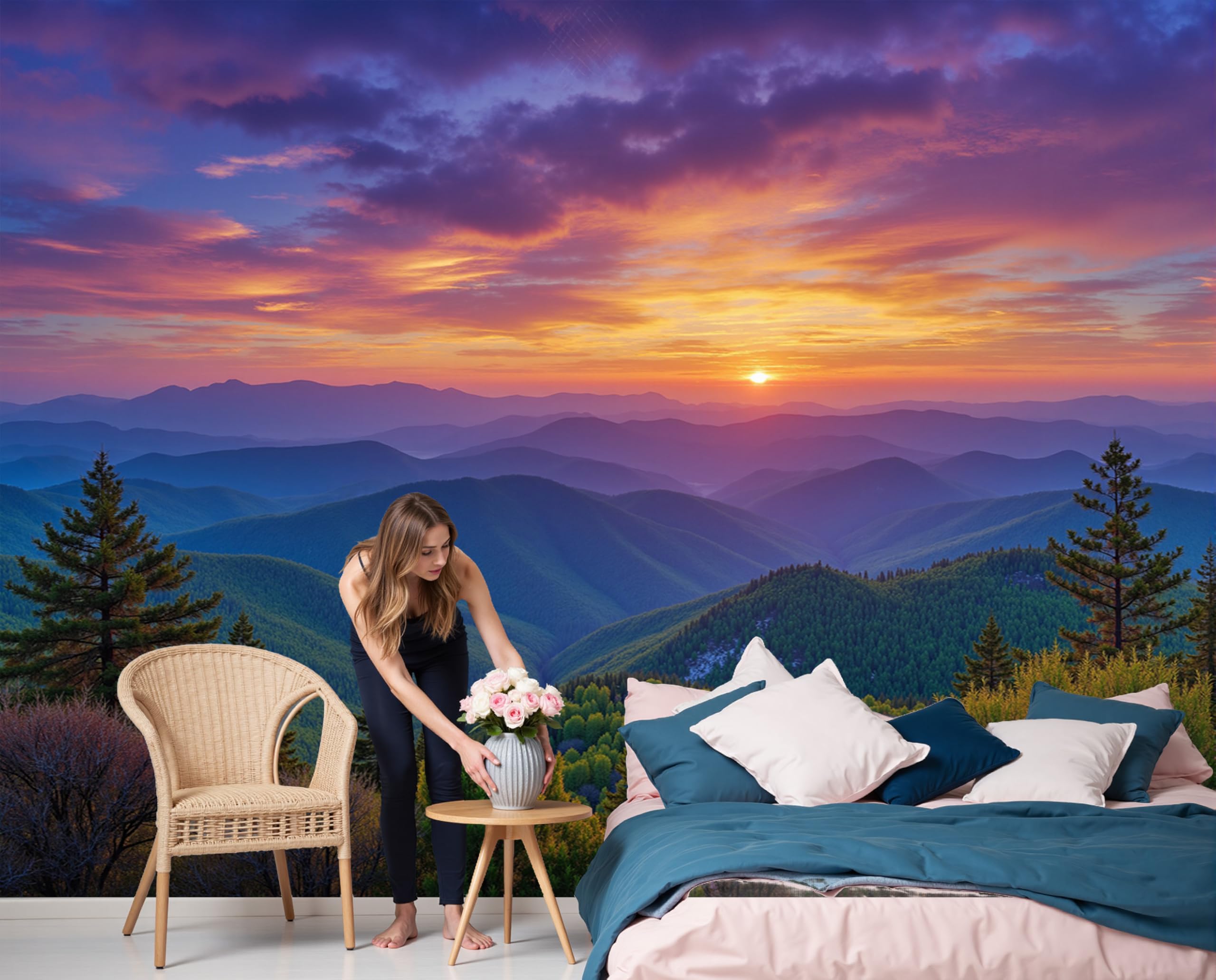 Papier peint forêt de montagne au coucher de soleil pour une atmosphère douce et sereine
