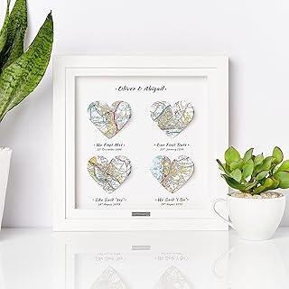 4 Year Linen 4th Wedding Anniversary Map Gift Frame Present. Fourth Anniversary Personalised Maps Gift. Framed 3d heart maps art print Linen Anniversary gift present For Wife, Husband, Him, Her