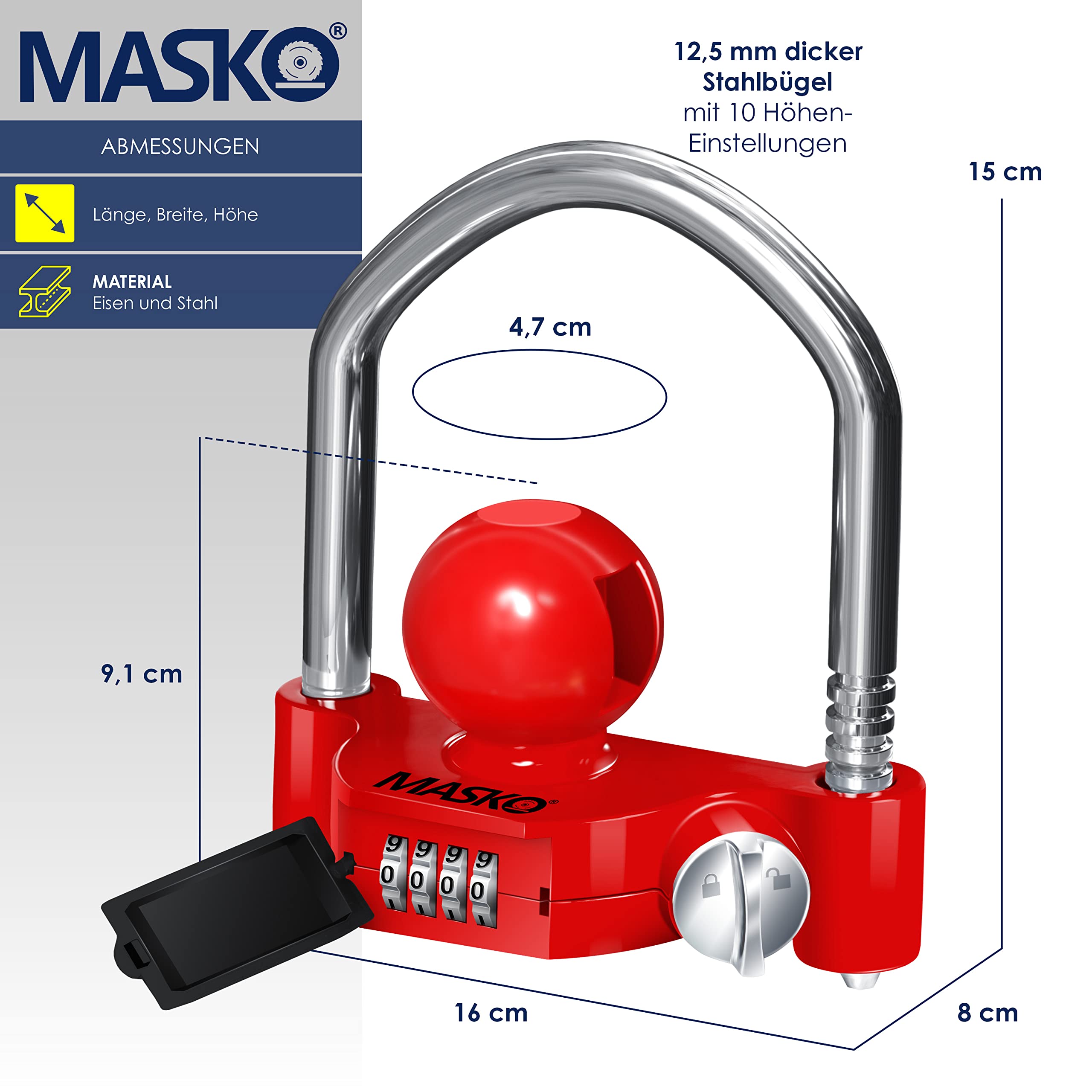 MASKO® Antivol à combinaison avec code à 4 chiffres pour attelage de remorque courants - Montage facile - Protection antivol - Caravane - Anse de remorquage - Anse en acier - Rouge