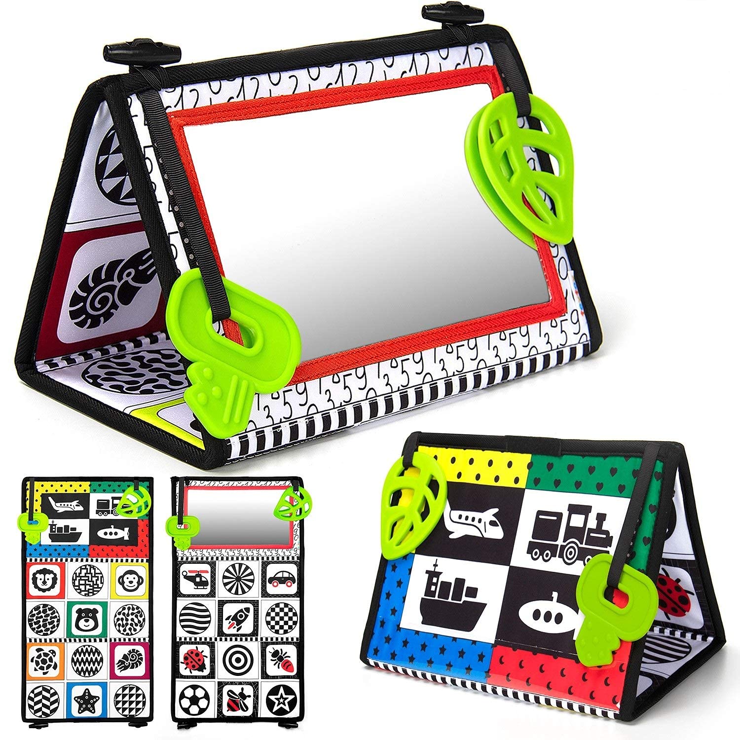 teytoy Tummy Time Baby Mirror Toys with Teethers, Double Black and White High Contrast Baby Toys 0-6 Months, Foldable Floor Sensory Development Toys for Infants Newborn