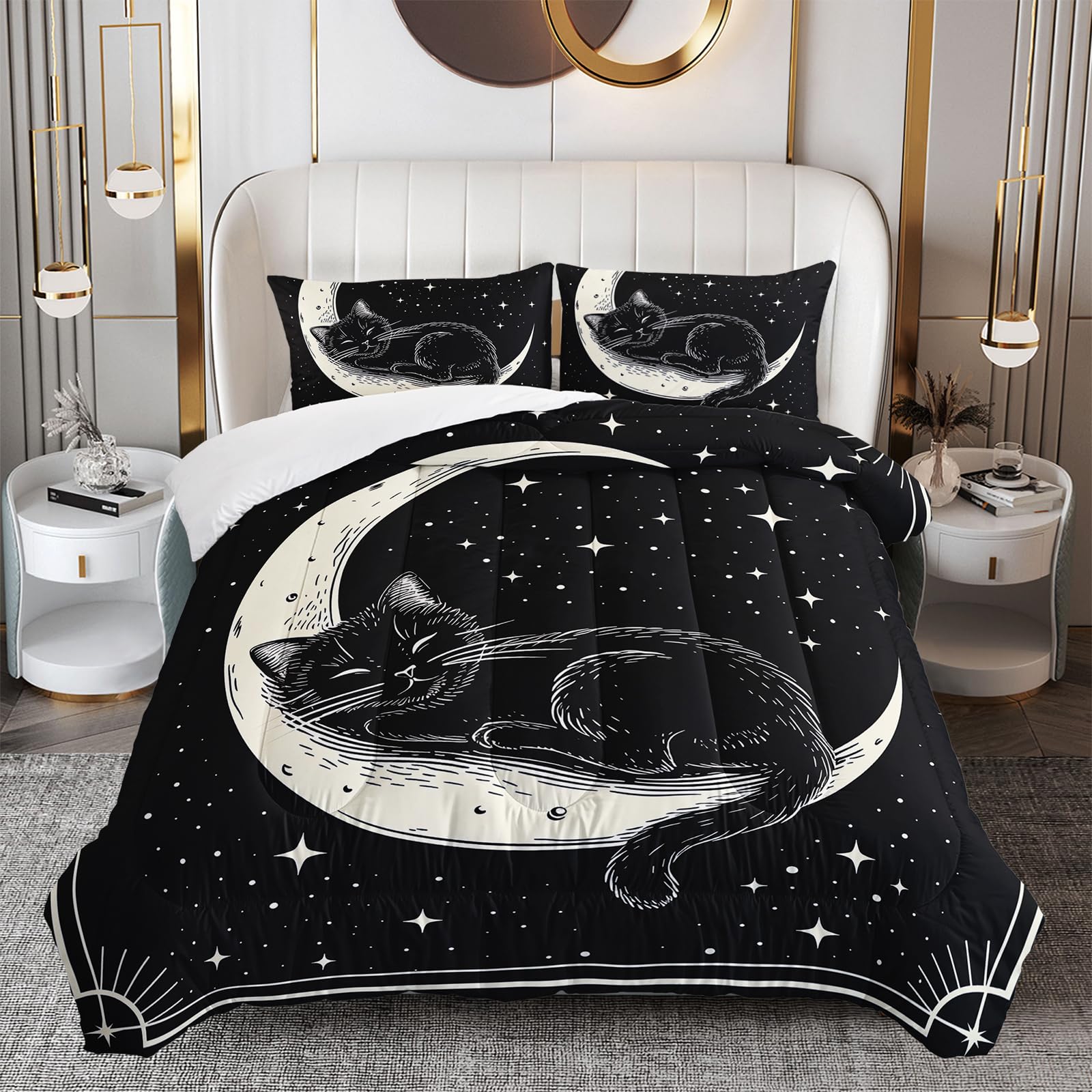 OUIXOTIC Black Cat Moon Comforter Set for Kids Toddlers, Cute Cats Comforter Bedding Full Size, 3Pcs Star Moon Quilte Duvet Room Decorative, 1 Comforter with 2 Pillowcases