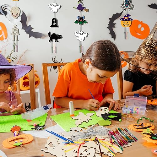 Miniatura 2 de KATOOM Paquete de 9 carillones de viento para niños, kits de manualidades de Halloween, carillón de viento de madera, adornos decorativos para