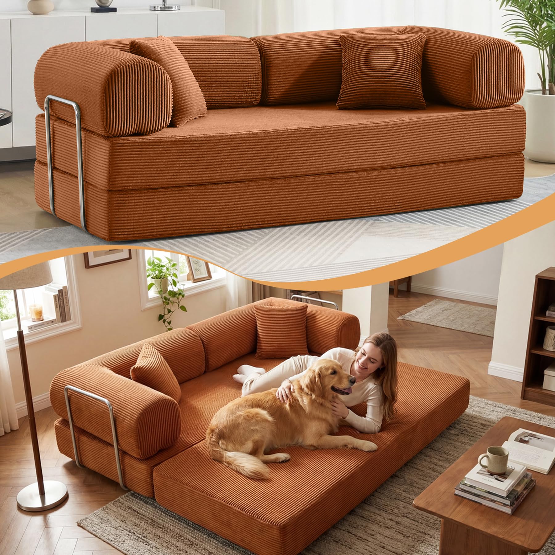 Sofa Bed 79 Convertible Sleeper Sofa with Pull Out Bed 5-in-1 Folding Corduroy Futon Couch Modular Loveseat Sofa