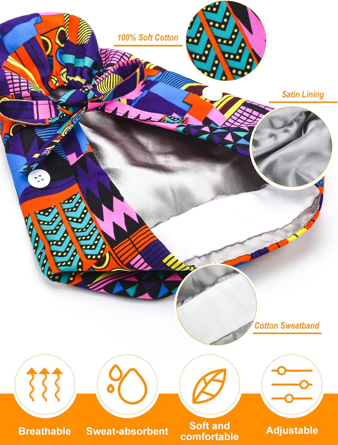 6 Pcs Satin Lined Scrub Caps Women Nurse Surgical Hat with Buttons Ponytail Working Adjustable Shower Caps Tie Back - Image 2