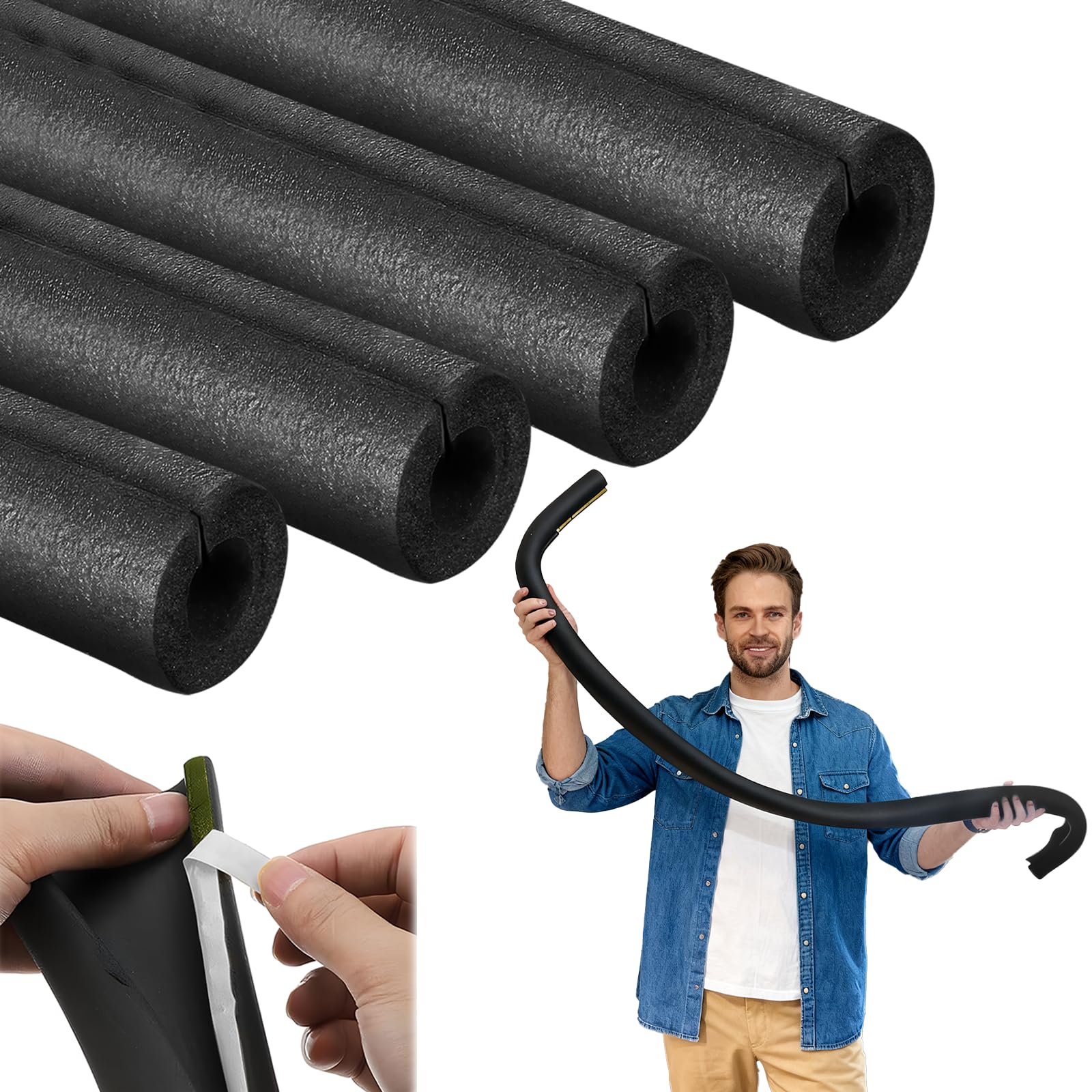 4 Pack 6 Feet Pipe Insulation Foam Tube, 3/4'' Self Adhesive Pre Slit Foam Pipe Covers Polyethylene with Double Sided Tape for Spigot, Winter Outside Pipes, Water Heater Pipes Freeze Protection