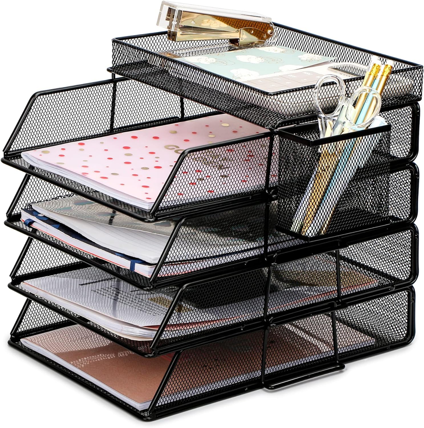 DARKNESS 5 Tier Stackable Letter Tray Office Desk Paper Organizer File Trays, Desktop Holder for Paper Letter Accessories with Pen Holder, 4 x Stackable Sorters, 1 x Top Tray,1 x Side Basket (Black)