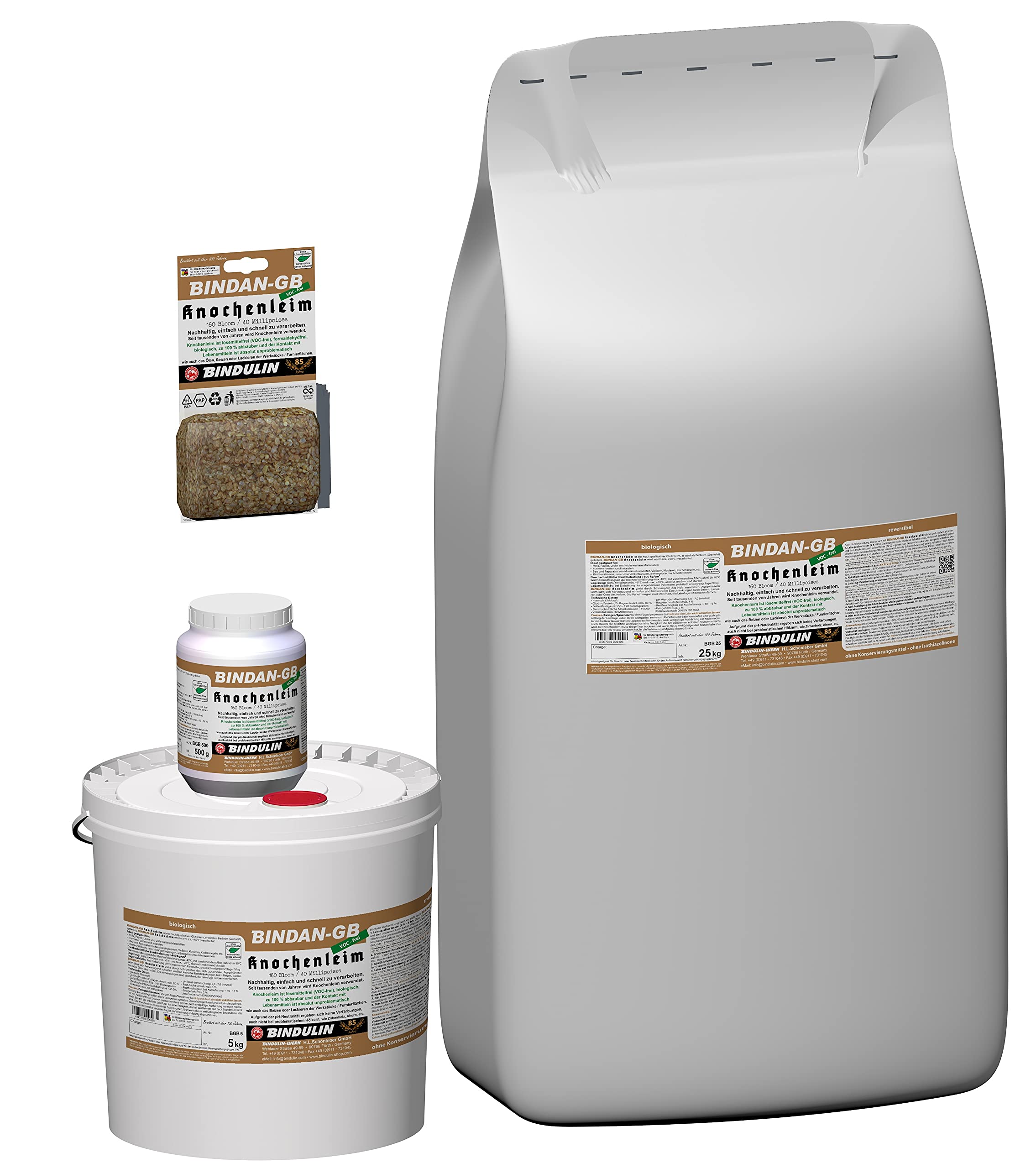 Holzleim Bindan Knochenleim Glutinleim 100 g biologisch, zu 100% abbaubar ohne Konservierungsmittel inkl. Leimpsachtel und Pinsel von E-Com24 (Knochenleim 5 kg)