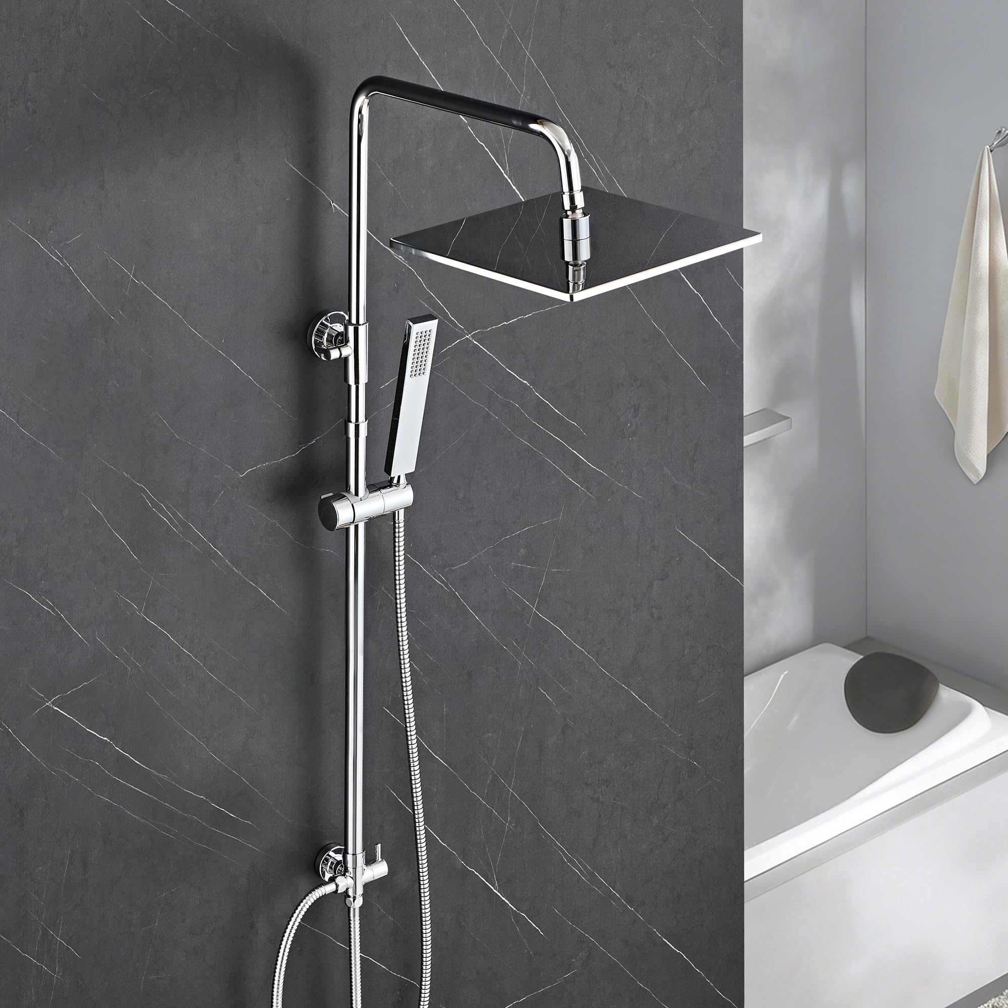 Görbach Stainless Steel Shower Column without Mixer, Rainfall Shower Set with Hand Shower and Shower Rod, Height Adjustable 74-114 cm, XL Shower Head 25 x 25 cm Chrome