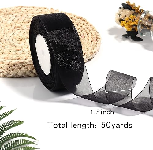 Miniatura 2 de Cinta de organza transparente de 1.5 pulgadas, cinta de gasa negra para envolver regalos, decoración de Navidad, Halloween, ramo de boda,