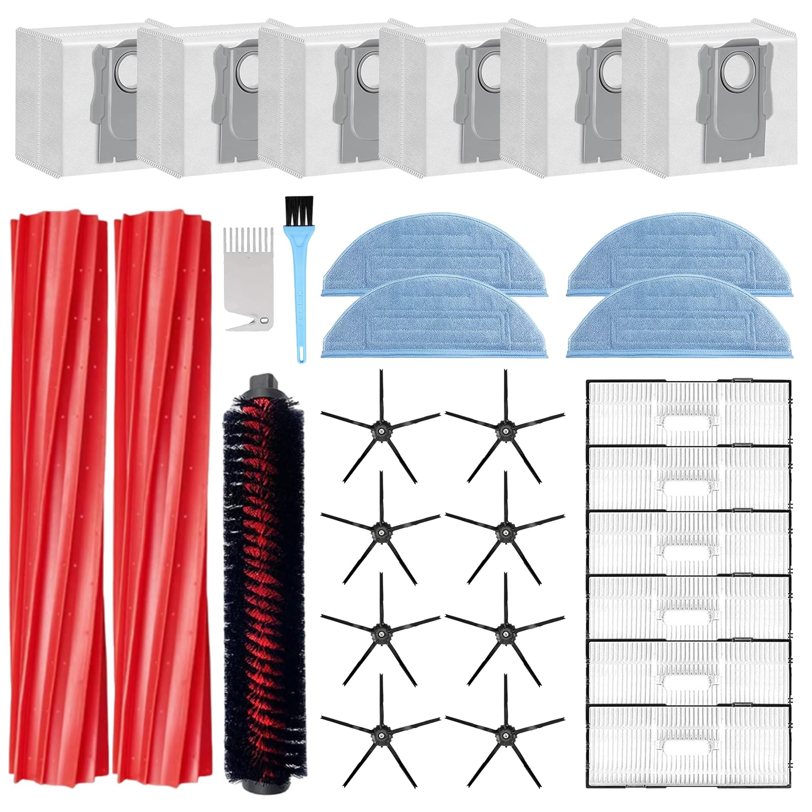 AKUSCON Accessories Kit for Roborock S7 MaxV Ultra / S7 Pro Ultra Vacuum Cleaner, Includes 2 Roller Brushes, 1 Self-Cleaning Brush, 6 Filters, 8 Side Brushes, 4 Mopping Cloths, 6 Dust Bags