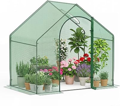 HAPPYGRILL Walk-in Greenhouse, 6 x 3 x 5.5 FT Portable Outdoor Green House for Winter w/ PE Cover, Rustproof PE-Coated Metal Frame, Roll-up Zippered Door, Window, Greenhouse for Outdoors