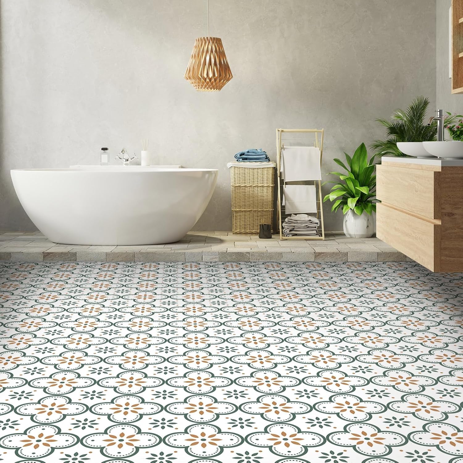 Peel & Stick azulejos de piso Piso de vinilo autoadhesivo para cocina Baño Lavandería Casa de mascotas Chimenea 20 hojas 8 "x8" pegatinas de piso extraíbles Decoración del hogar (Flores verdes)