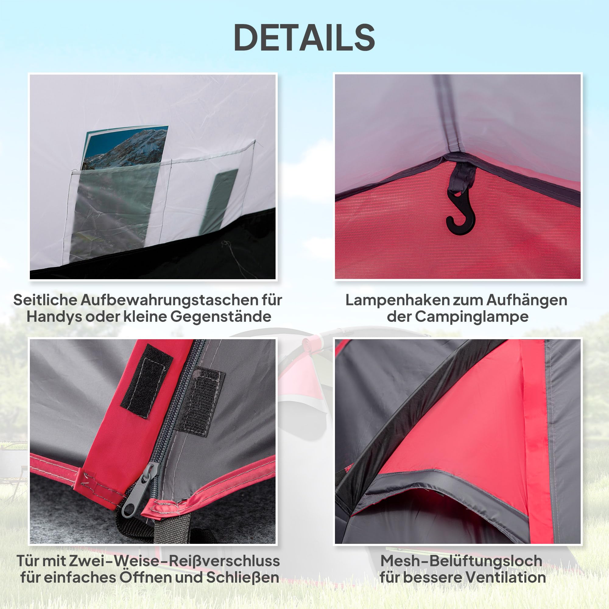Outsunny Tunnelzelt für 2 Personen, Campingzelt mit Vorraum Lampenhaken 2000mm Wassersäule, Groß wasserdicht Familienzelt, Gruppenzelt für Camping Reise Trekking Garten