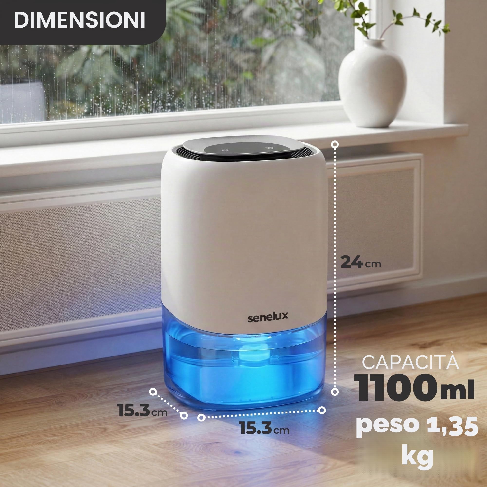 Senelux Deumidificatore elettrico 1100 ml per casa umida, piccolo portatile con 7 luci colorate, asciugatore vestiti, muffa, armadio, spegnimento automatico