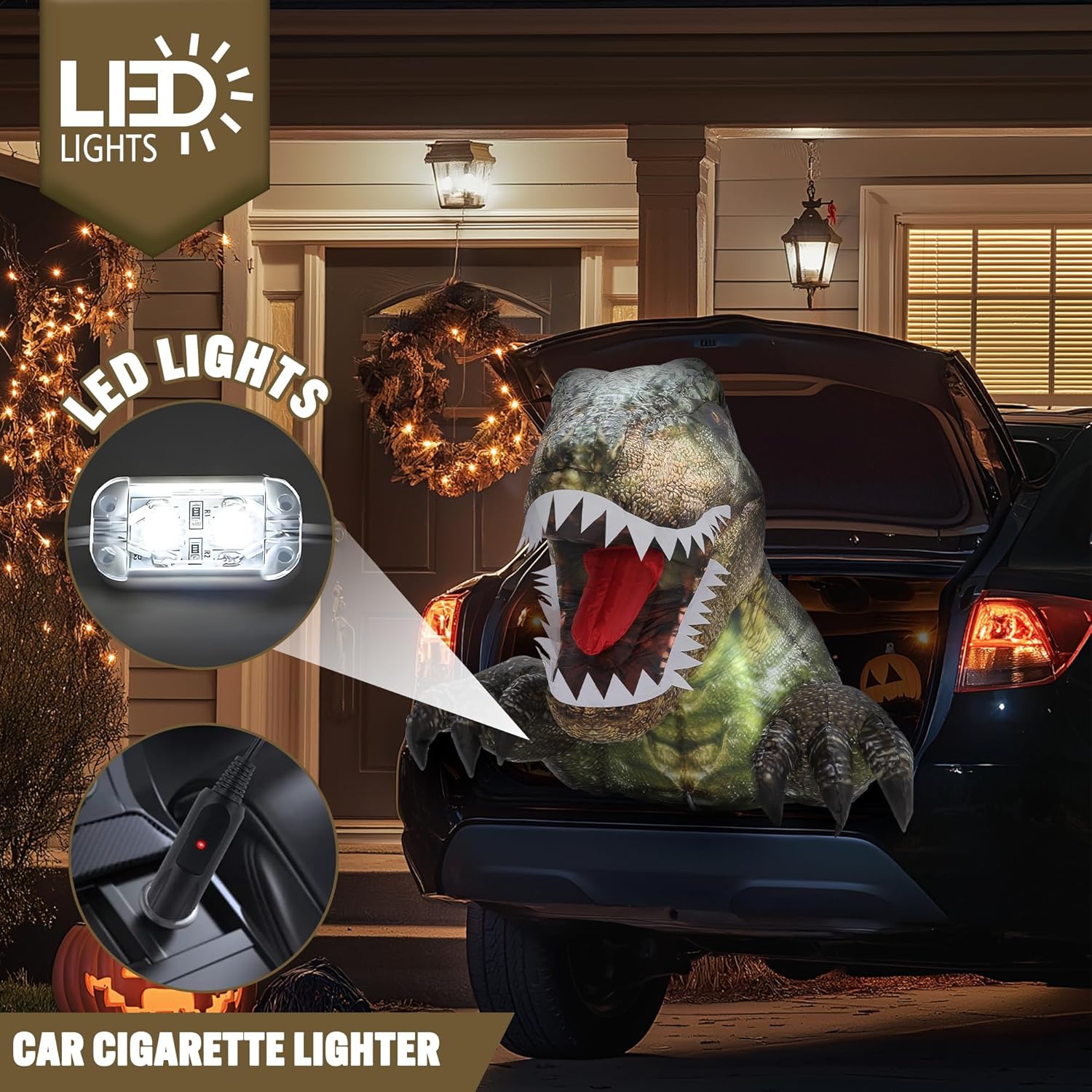 ZPISF 3.6 FT Halloween Inflatables Outdoor Decorations, Trunk or Treat Car Decorations, Blow Ups Animated Dinosaur with LEDs for Halloween Decor
