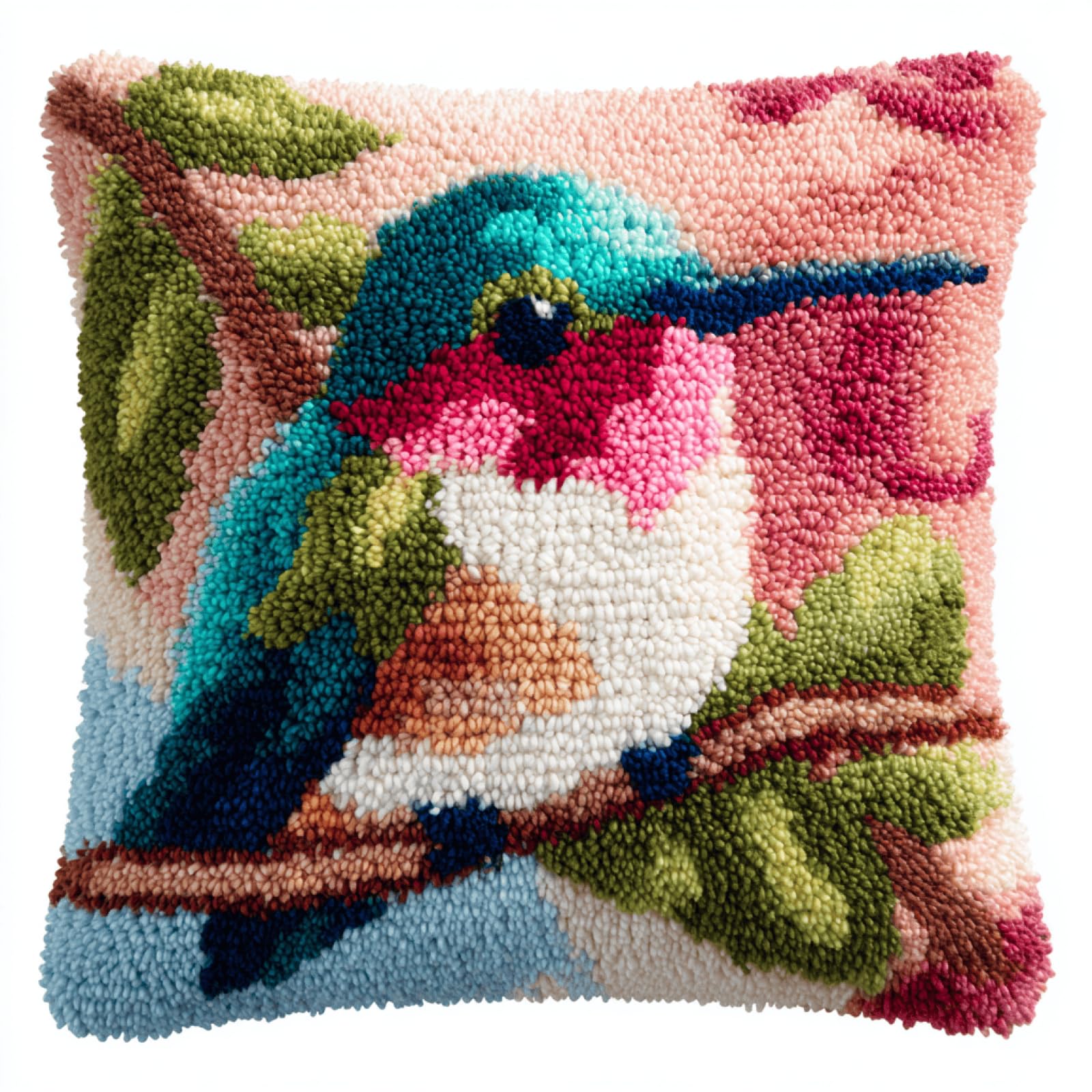 Taxpy DIY Latch Hook Pillow Kit for Beginners,Hummingbird,17x17in Cushion Cover with Pre-Printed Canvas,Soft Yarn & Accessories Included,Relaxing Handmade Craft for Adults,Home Decor
