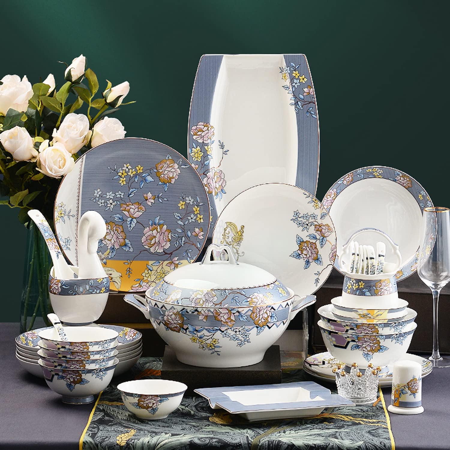 H3TF5J Ceramiczny zestaw zastawy stołowej, ogrzewanie mikrofalowe i łatwe do czyszczenia, lekkie luksusowe nowoczesne, trwałe zastawy stołowe do użytku wewnętrznego i na zewnątrz, prezent ślubny i