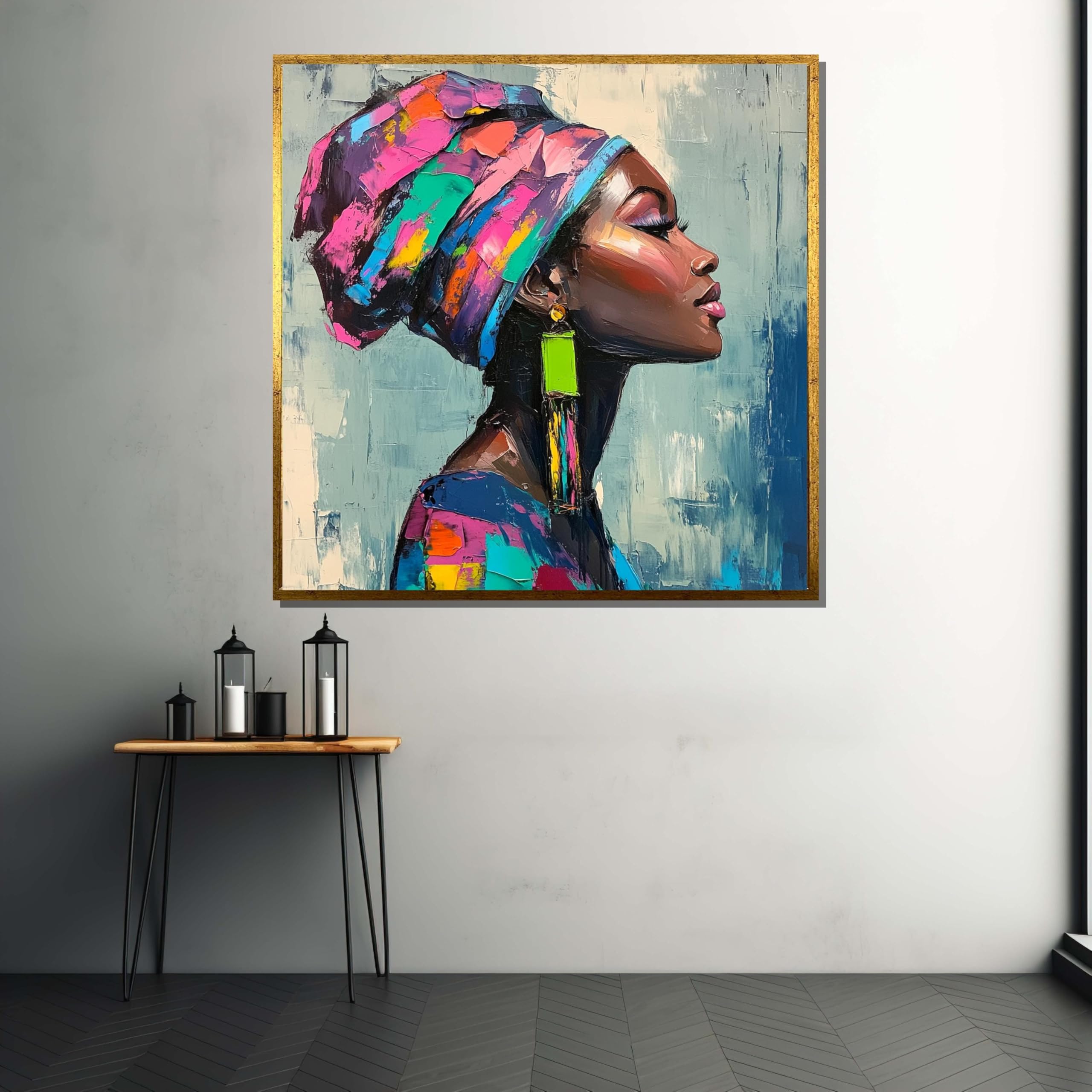 YUSUZHU Colorful African Woman Profile Painting – Headwrap Art, Modern Afrocentric Wall Decor, Cultural Portrait,Canvas Wall Art(40x40cm/Frameless)