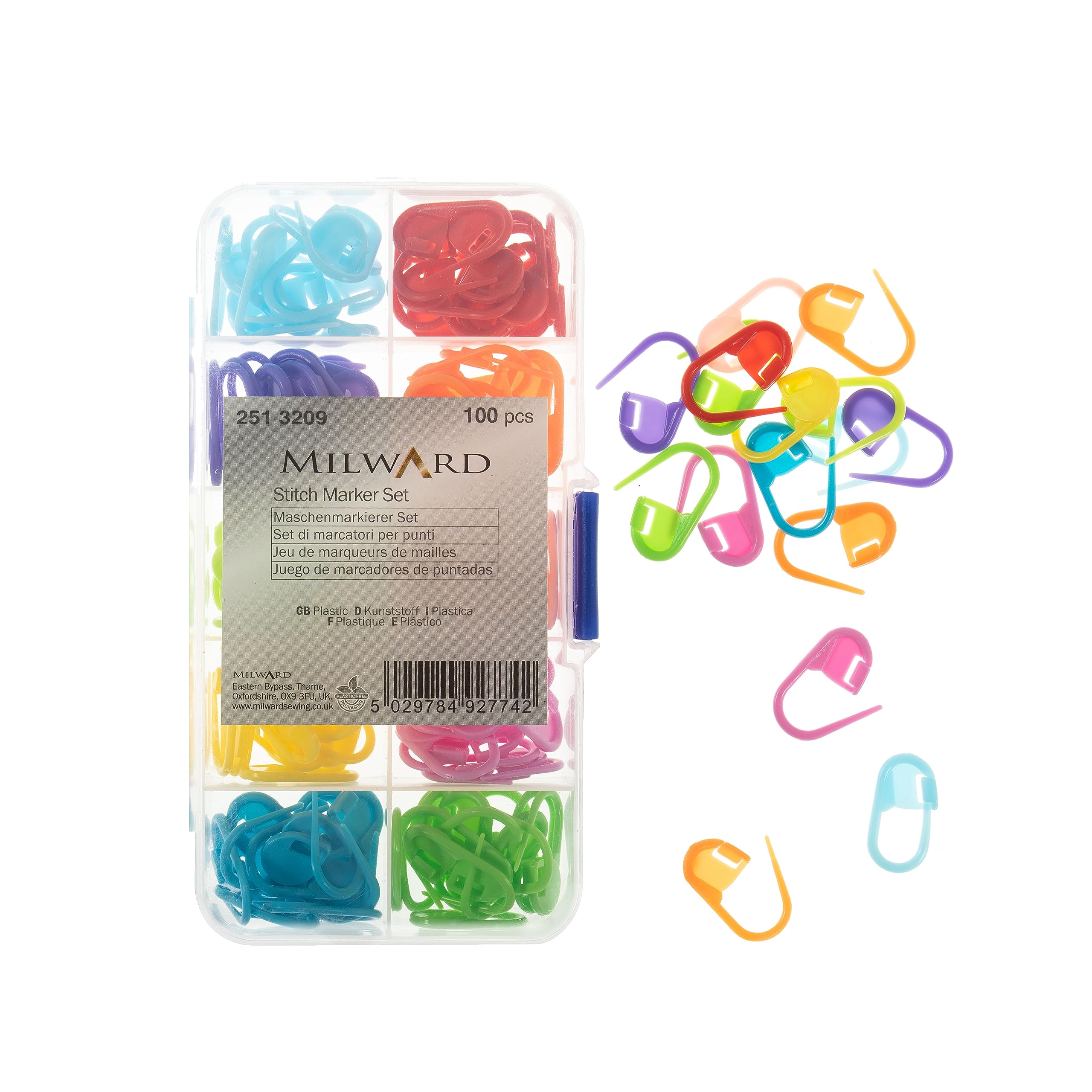 Milward Knitting Stitch Marker Set - 100 Piece Knitting & Crochet Essential Tool Kit - Pocket Travel Size Reusable Box