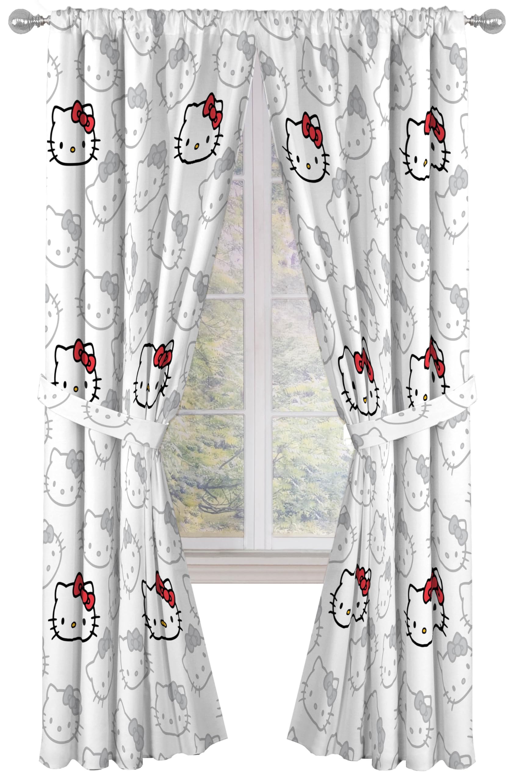 Jay Franco Window Curtains for Bedroom 4-Piece Drape Set with 2 Tiebacks, White - Hello Kitty, 42" W x 84" L (Pack of 2)
