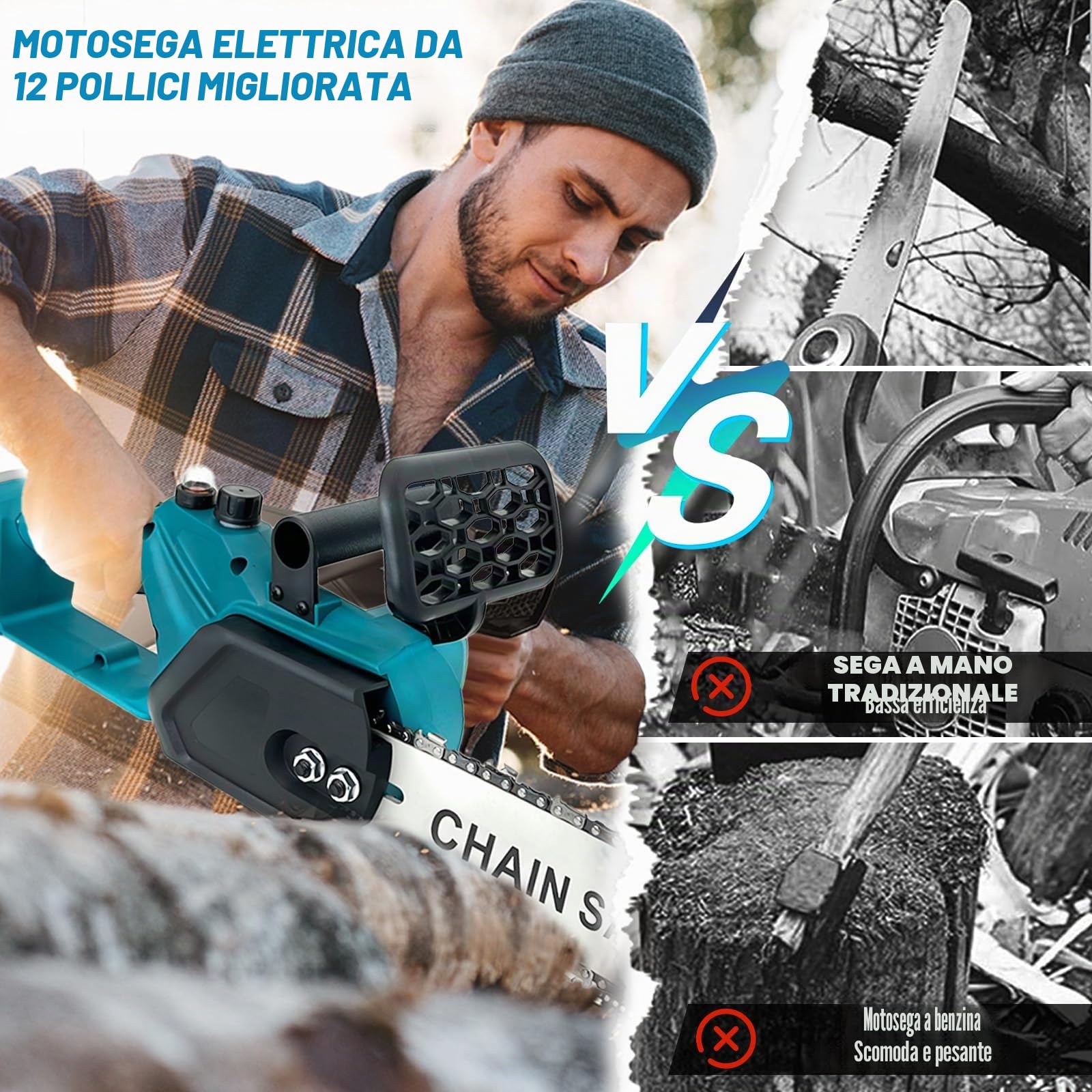 Aggiornamento motosega a batteria da 12 pollici con 2x batteria da 18V 5,5 Ah e caricabatterie, motore in rame da 4100 giri/min, lubrificazione automatica, motosega senza spazzole per potatura di