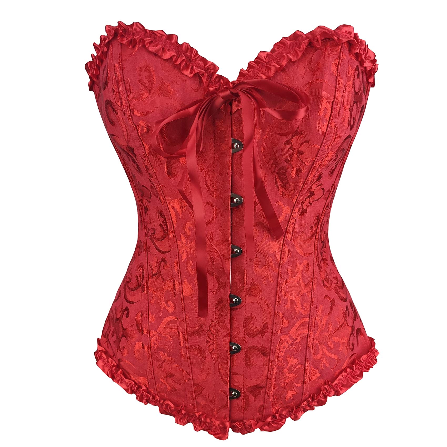 PAUSUNA Women Lace Up Floral Burlesque Basque Bustier Shaper Overbust Boned Corset Top (Floral Red Top, 8)