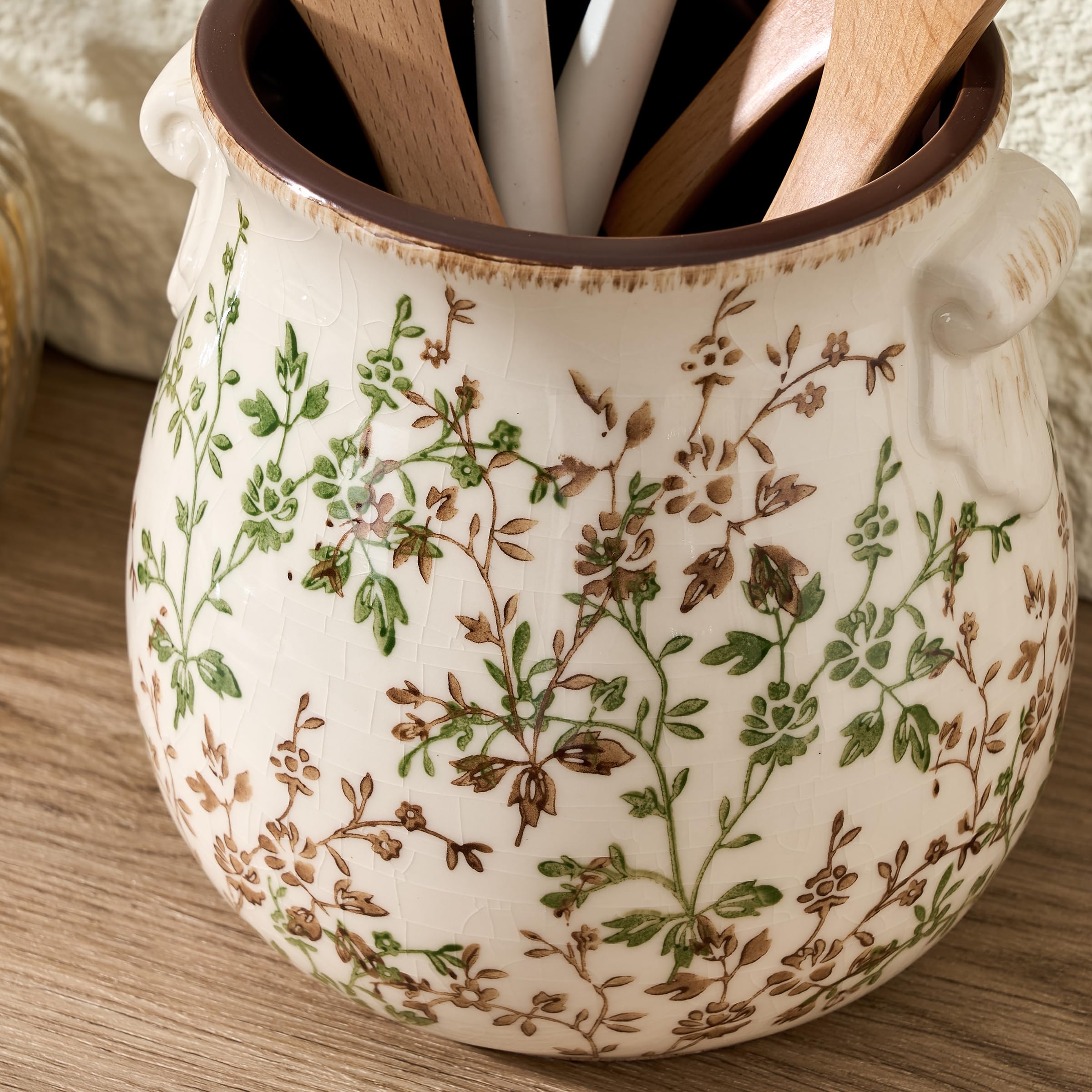 Porte-ustensiles pour comptoir de cuisine, support d'ustensiles de cuisine rustique moderne et rustique, organisateur d'ustensiles de cuisine exquis en chinoiserie en céramique pour décoration