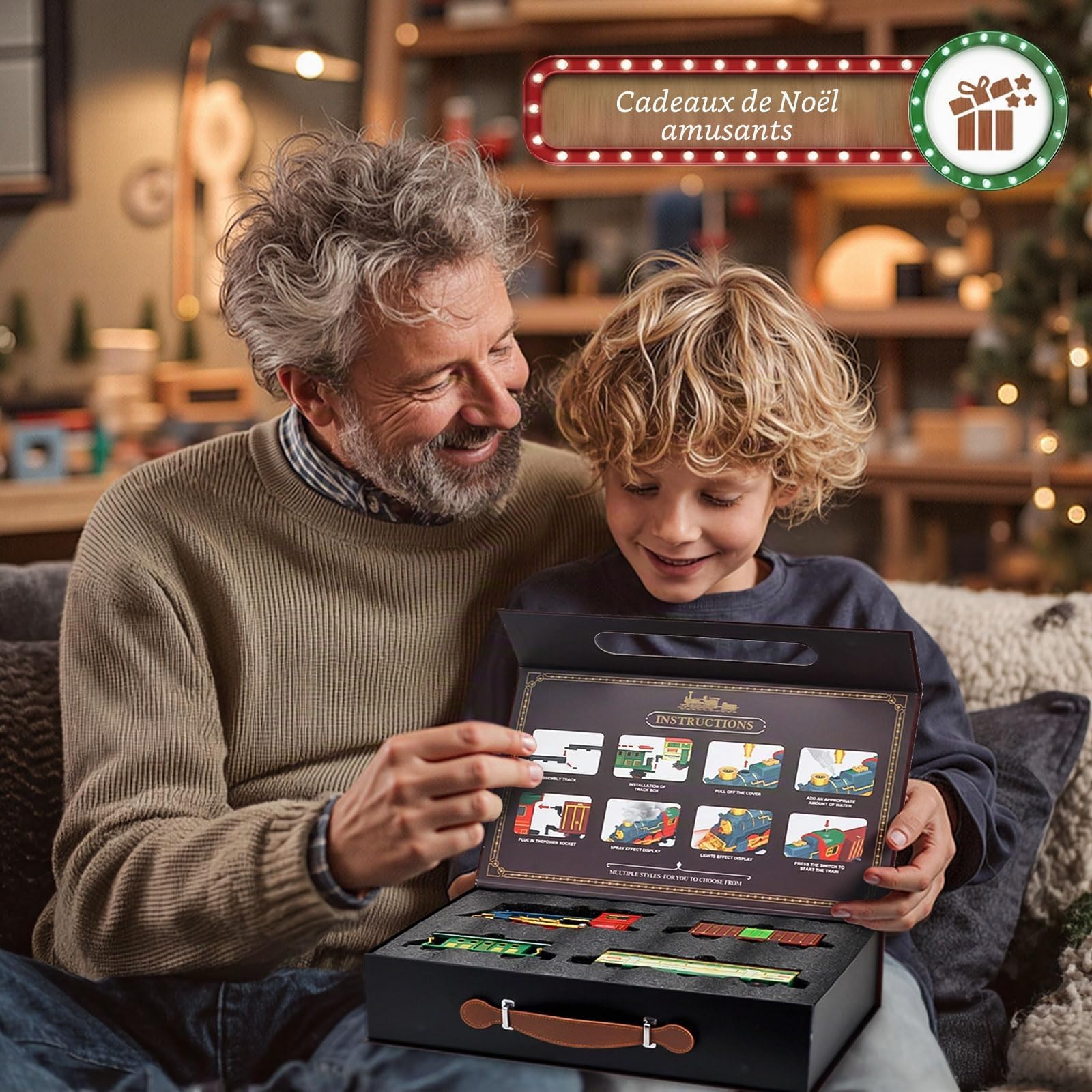 Train électrique de Noël rétro avec Sons, lumières, Vapeur et Batterie Rechargeable, Comprenant Locomotive, Wagons et scène décorative, Jouet Train de Noël sous Le Sapin, pour Enfants dès 3 Ans