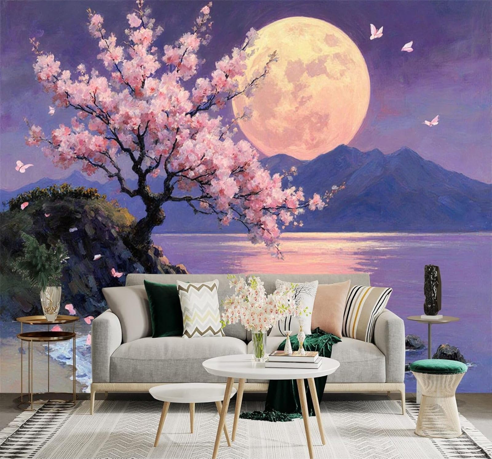 Xlming 150Cm×105Cm(B×H) Full Moon Mountain Peaks Lakes Beautiful Cherry Blossom Trees 3D Wallpaper Premium Textured Silk Study Dining Living Room Bedroom Sofa Tv Wall Easy Install-150Cm×105Cm