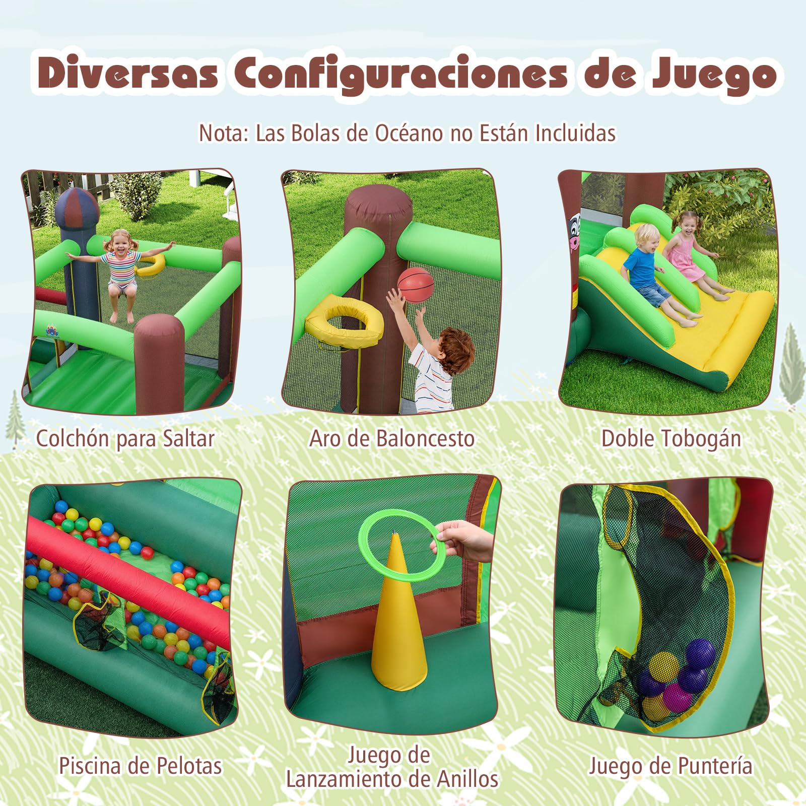 COSTWAY Castillo Hinchable para Niños con Soplador, Castillo Inflable Infantil con Dos Toboganes, Piscina de Bolas, Juego de Lanzamiento de Aros, Juego de Dianas y Canasta de Baloncesto, Tema Granjero