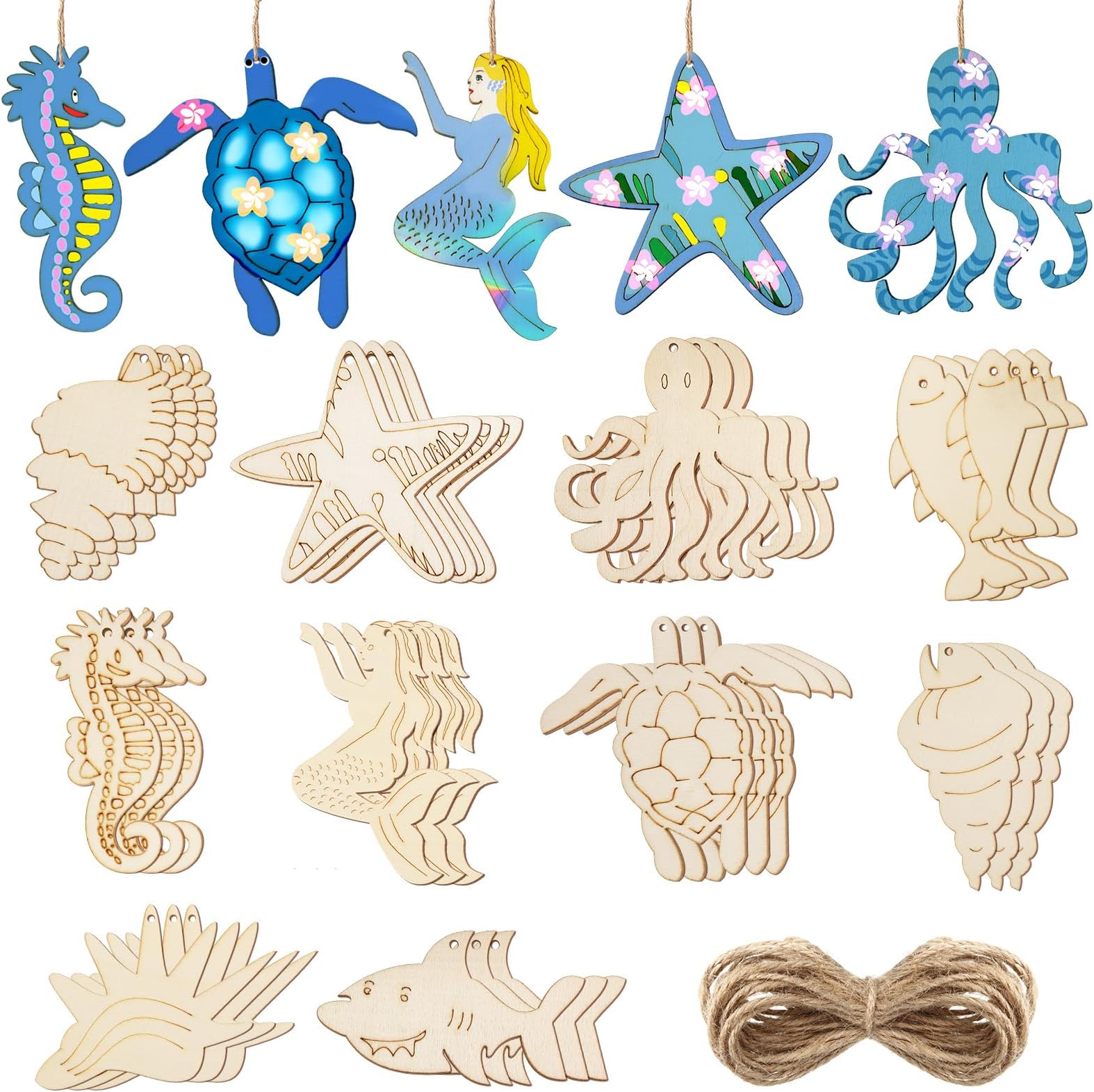 Jetec 30 Pcs Unfinished Wood Cutouts to Paint Sea Animals Wooden Cutouts Crafts Beach Theme Ocean Animals for Kid Home Decor Ornament DIY Craft,Octopus,Whale,Dolphin,Seahorse,Fish(3.9 x 0.1 Inch)
