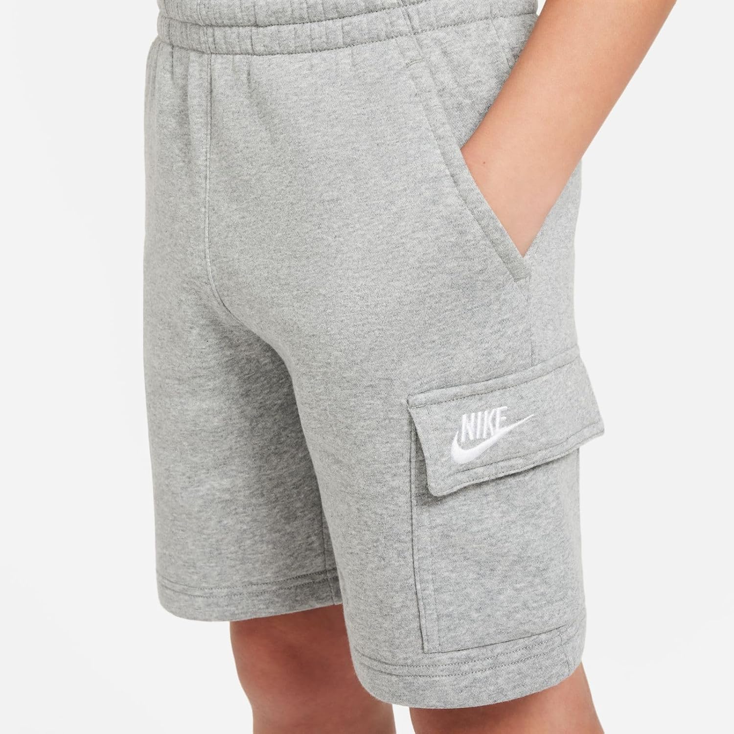 Nike Sportswear Club Fleece Big Kids' Cargo Shorts (Dark Grey Heather/Base Grey/White, FN8745-063) Size Medium
