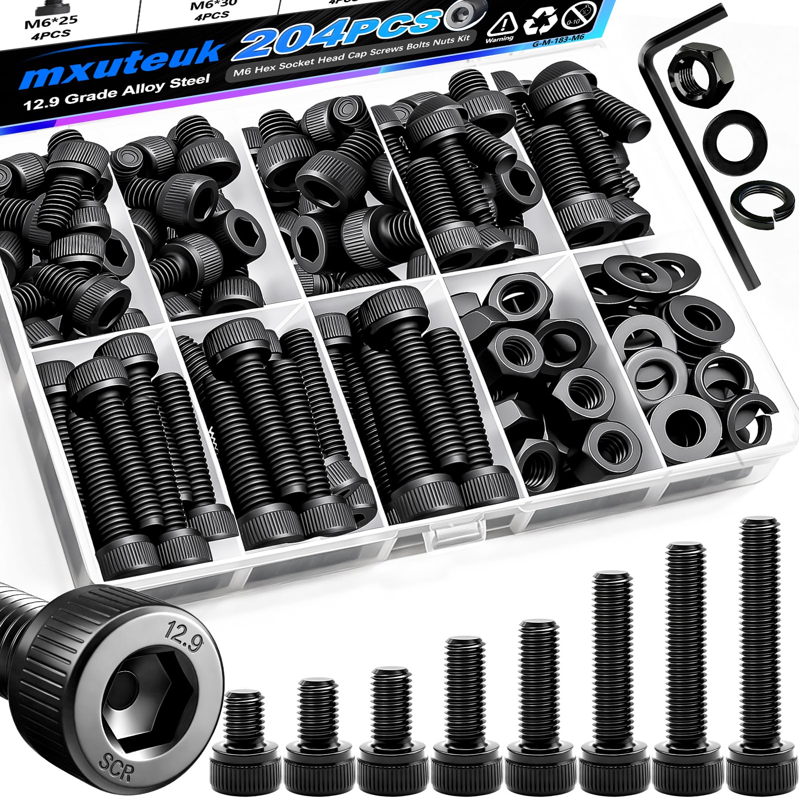mxuteuk 720PCS M3 Screws Kit,M3×6/8/10/12/16/20mm M3 Screws Assortment Kits,12.9 Alloy Steel M3 Hex Socket Head Bolts Nuts Washers Set Suitable for 3D Printer,DIY — Amazon image 13