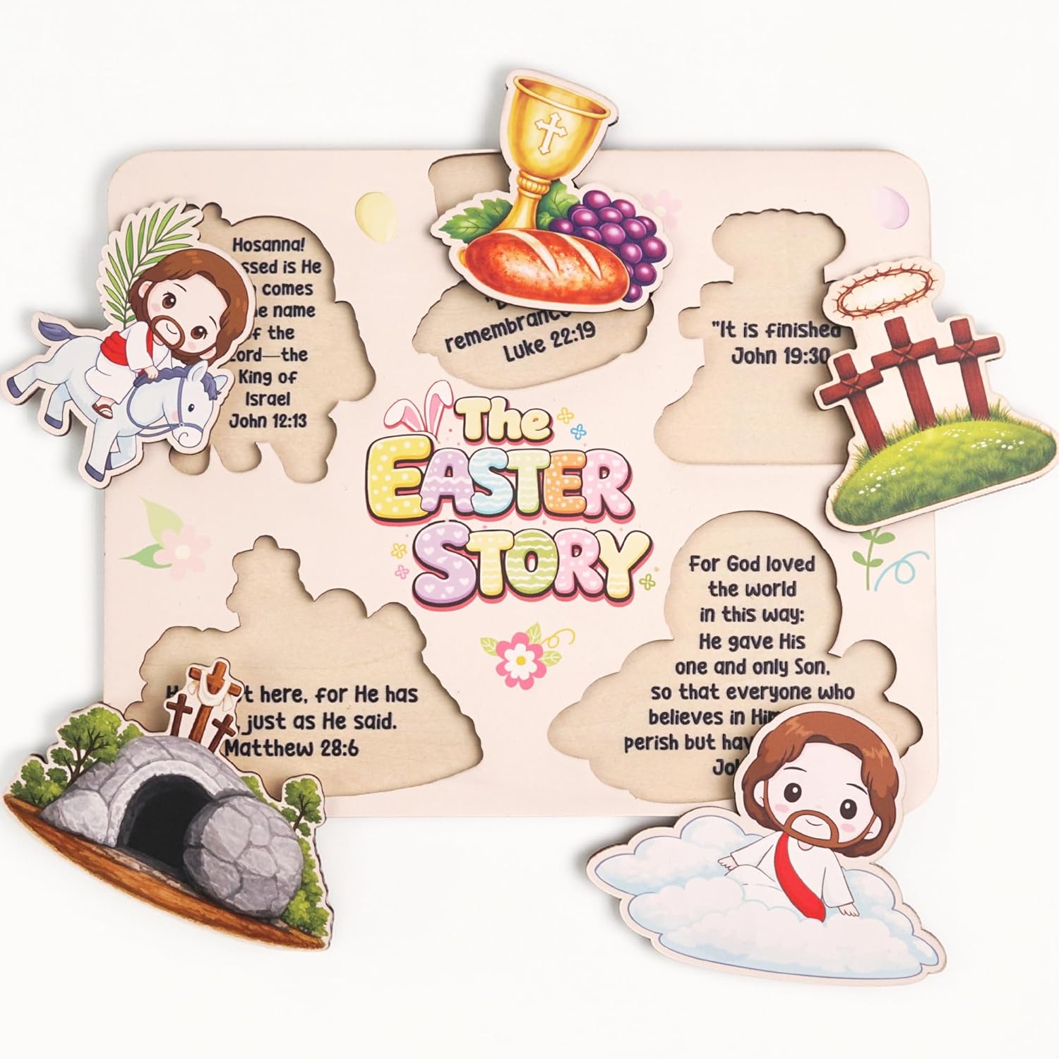 Easter Story Wooden Puzzle - 5pcs Jesus Resurrection Story Special Shaped 2D Wood Jigsaw Puzzle Set, Religious Gifts for Sunday School Classroom Game Supplies Home Easter Basket Fillers