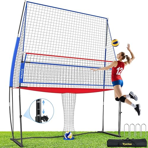 Volleyball Practice Net with Ball Return System, Height Adjustable 6.5-8FT, 11 * 8FT Portable Volleyball Training Equipment for Serving, Spiking,
