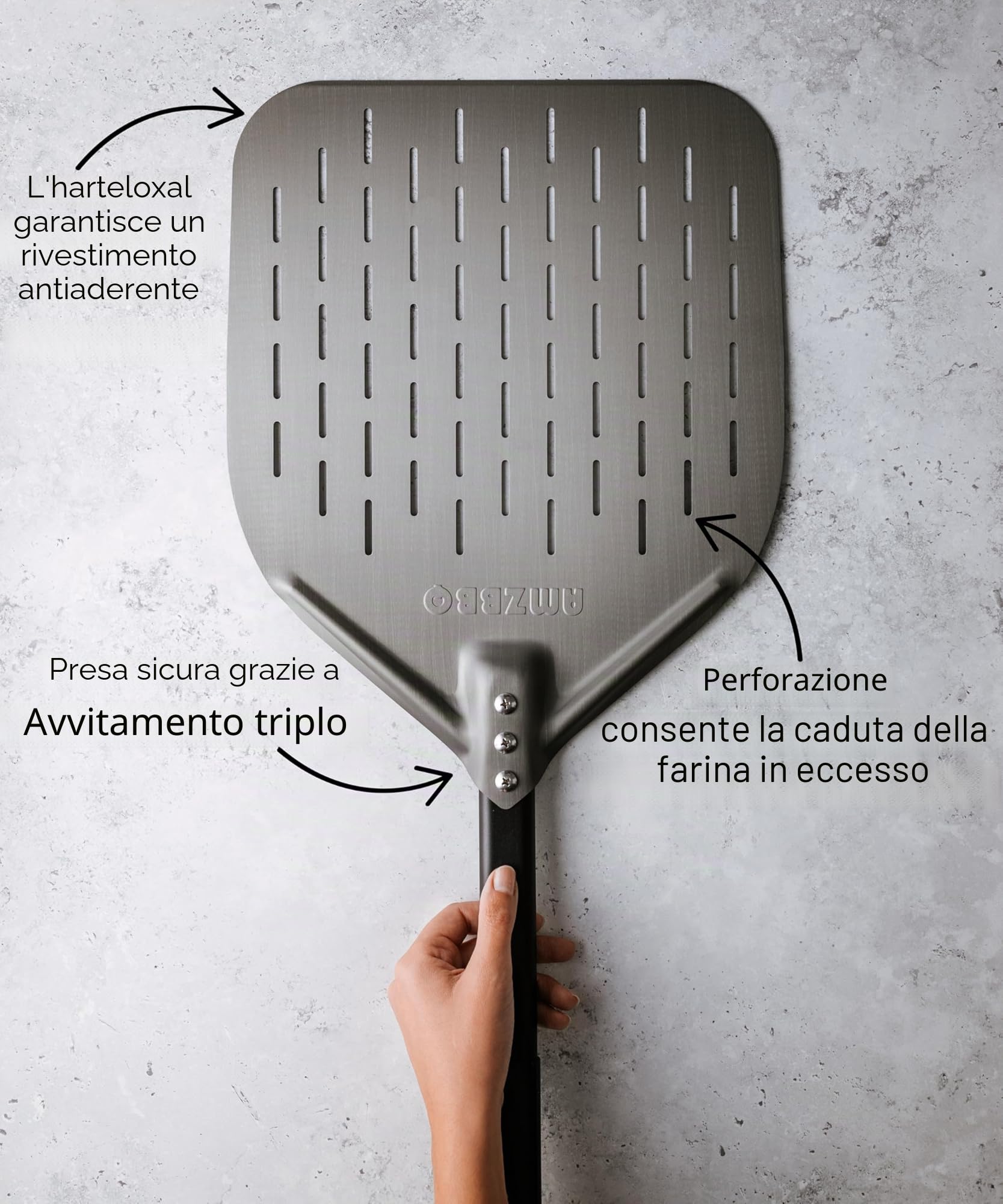 AMZBBQ® Pala Pizza Premium – 35 x 35 x 71 cm Pala Forata in Alluminio Anodizzato Leggera e Resistente – Per Infornare e Far Scivolare la Pizza su Pietra o Forno – Accessorio BBQ Regalo per Uomo