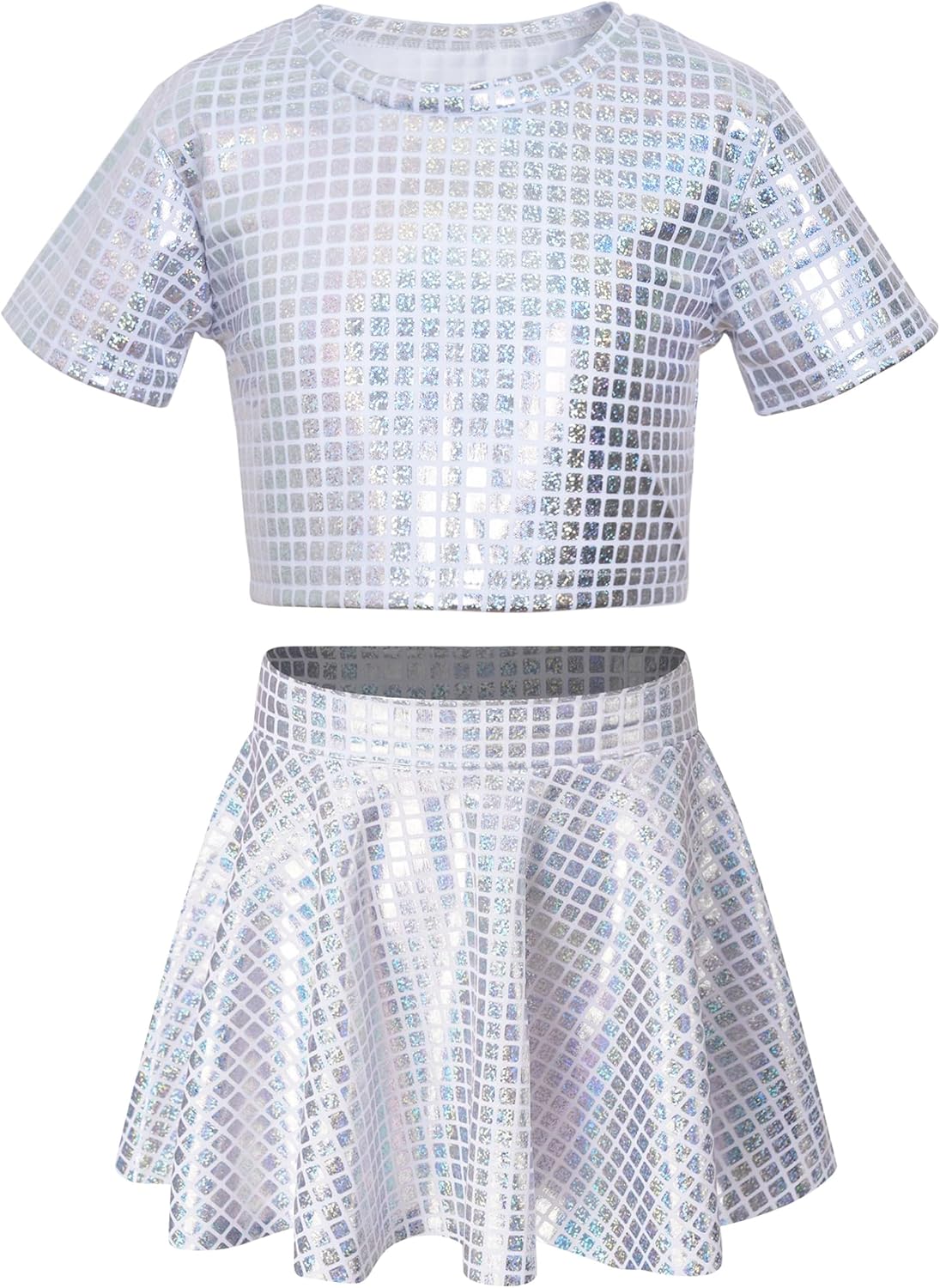 Sequin Top for Girls with Shiny Skirt Disco 0utfit Metallic Dress Performance Kids 3-13T