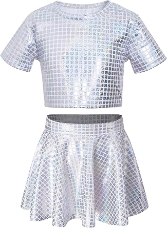 Sequin Top for Girls with Shiny Skirt Disco 0utfit Metallic Dress Performance Kids 3-13T